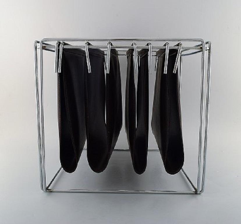 Modern Max Sauze, French Designer, Magazine Holder in Chrome and Brown Leather, 1980s