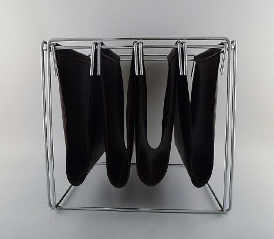 Late 20th Century Max Sauze, French Designer, Magazine Holder in Chrome and Brown Leather, 1980s