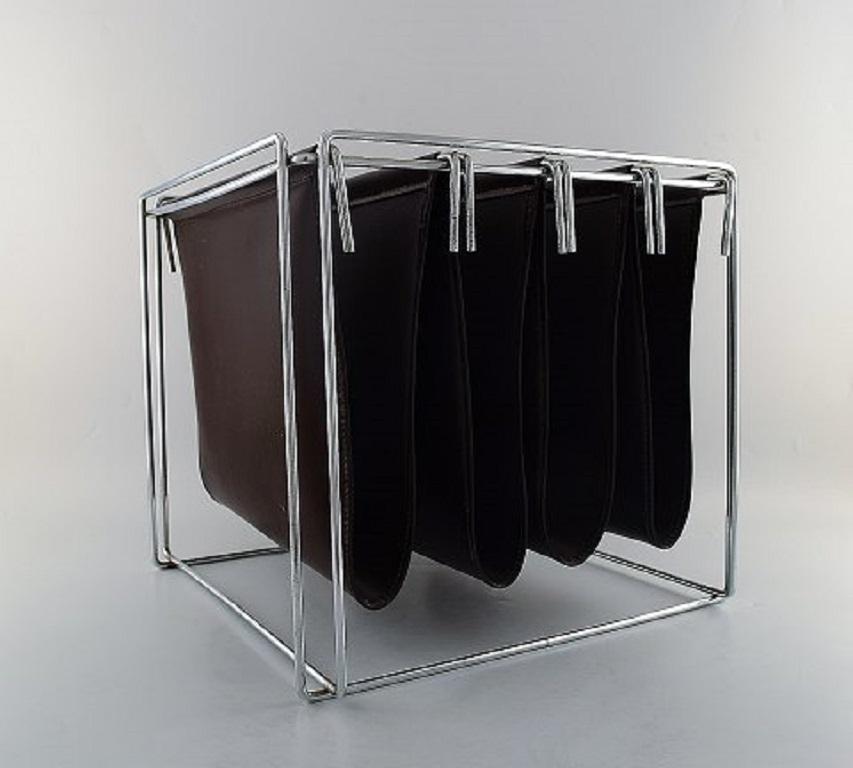 Max Sauze, French Designer, Magazine Holder in Chrome and Brown Leather, 1980s 1