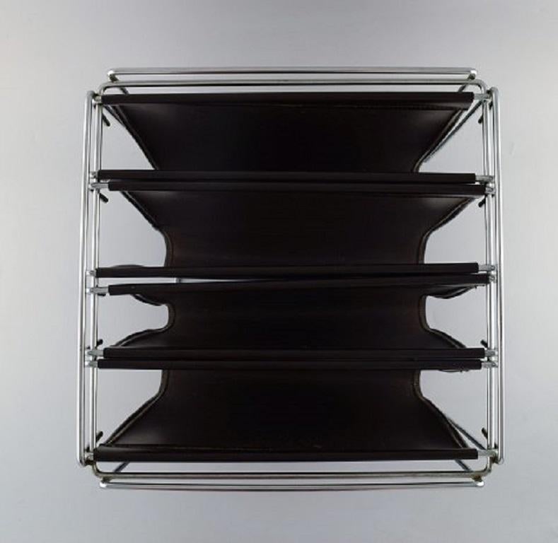 Max Sauze, French Designer, Magazine Holder in Chrome and Brown Leather, 1980s 2
