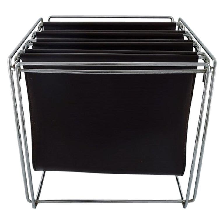 Max Sauze, French Designer, Magazine Holder in Chrome and Brown Leather