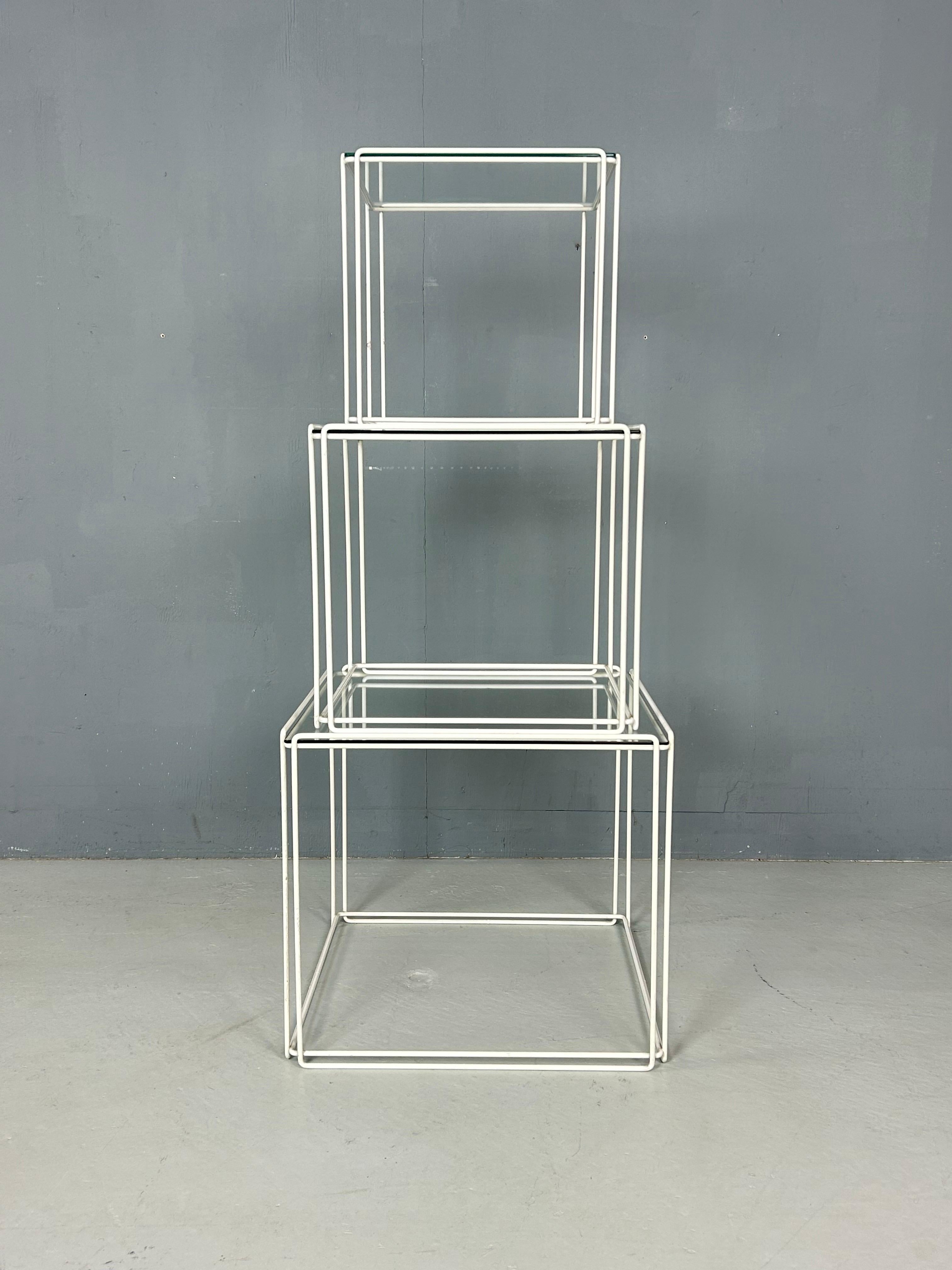 Complete set of three nesting tables designed by French artist Max Sauze and produced by Groupe S.A France,circa 1970.
The structure is made of white steel rod and all tables are in very good condition

Please contact us for the best shipping