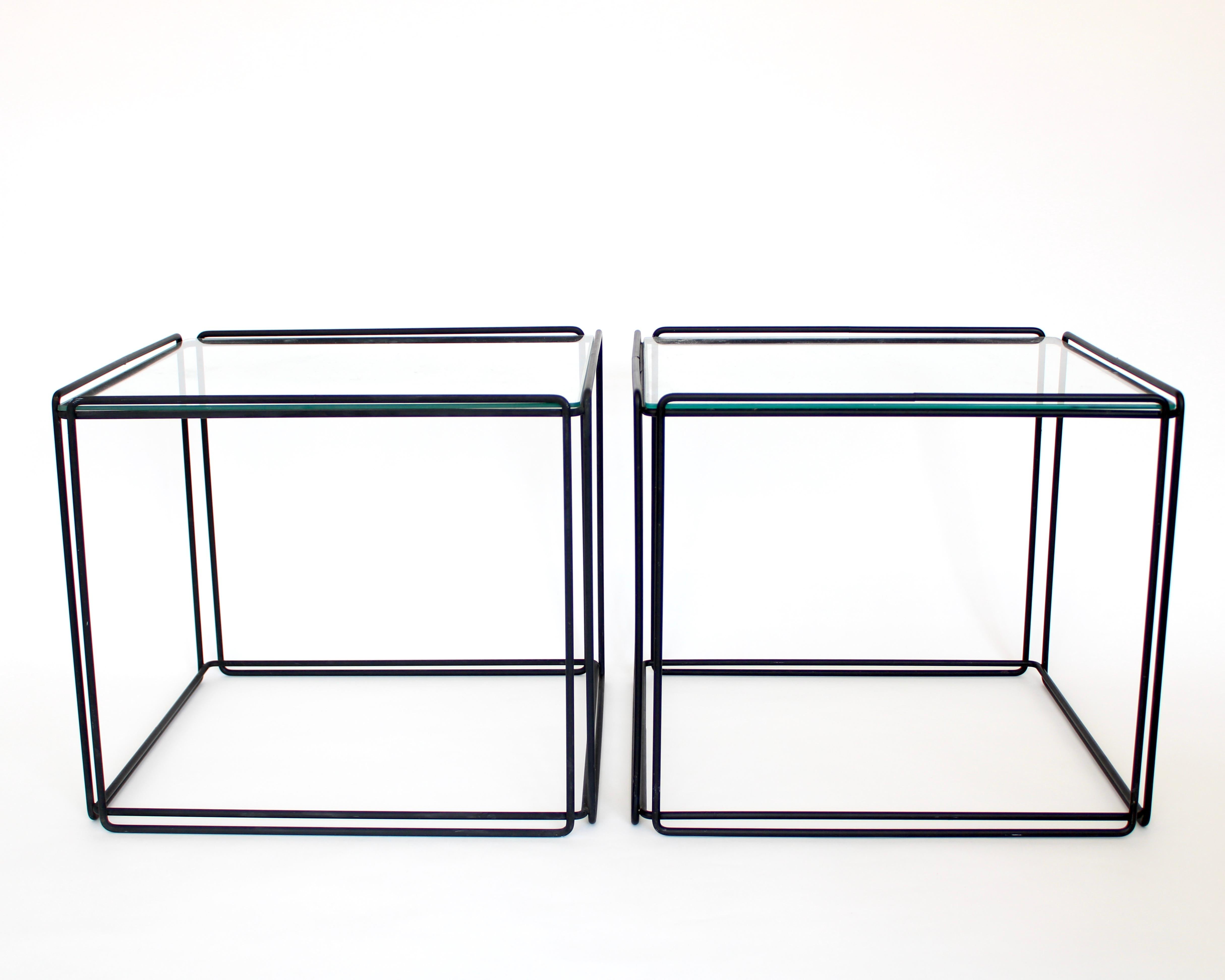 Mid-Century Modern Max Sauze Isoceles Pair of Black Metal and Glass Side or Coffee Tables, France