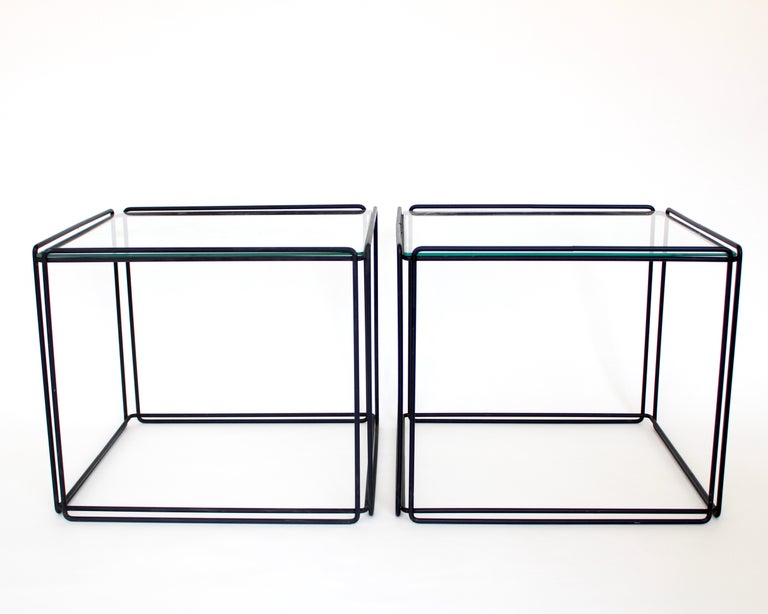 Mid-Century Modern Max Sauze Isoceles Pair of Black Metal and Glass Side or Coffee Tables, France For Sale