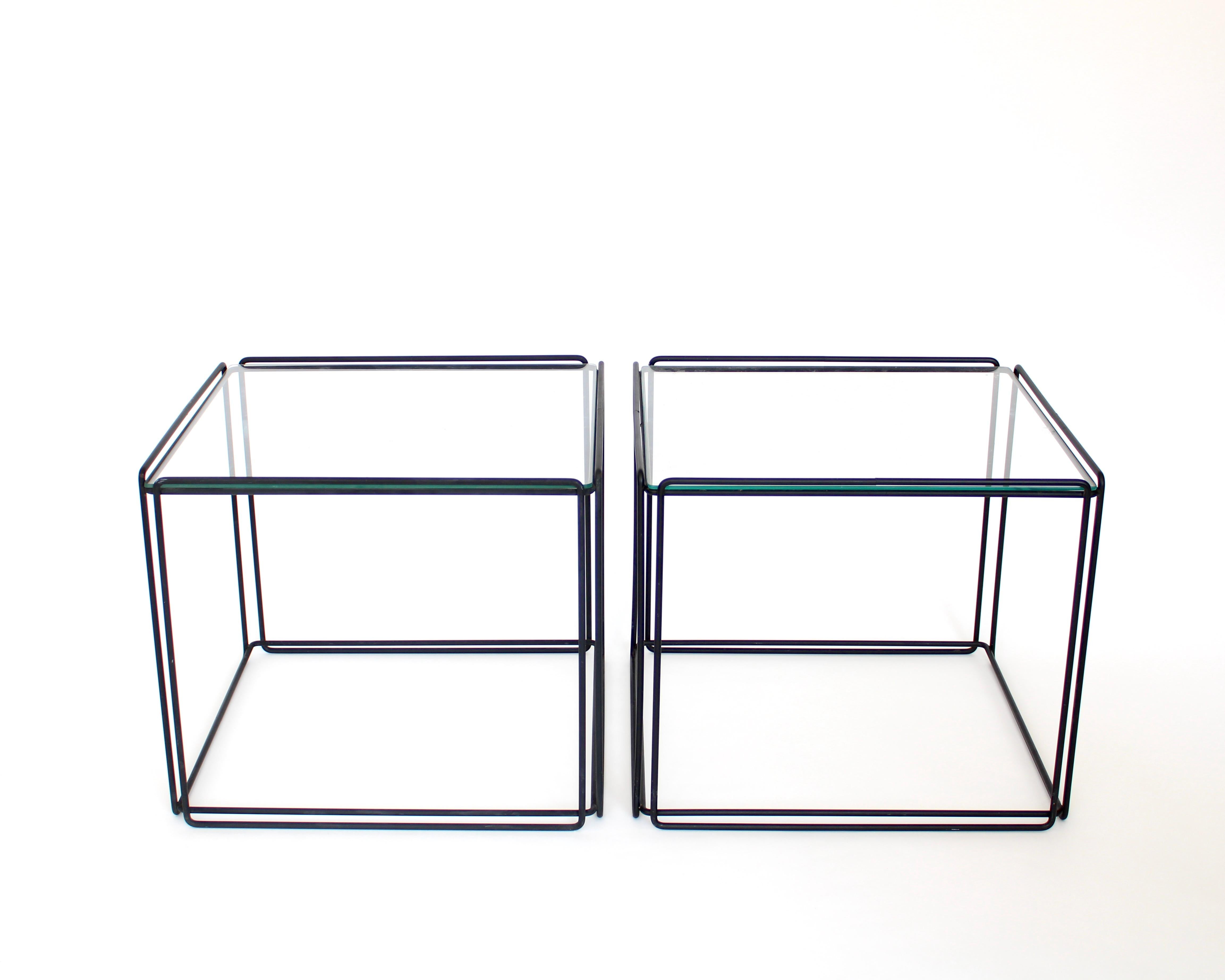 French Max Sauze Isoceles Pair of Black Metal and Glass Side or Coffee Tables, France