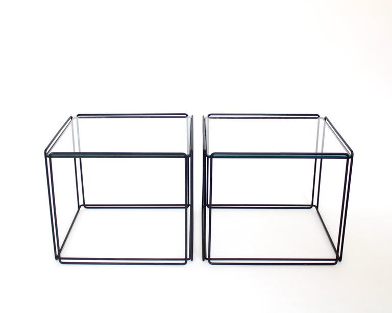 French Max Sauze Isoceles Pair of Black Metal and Glass Side or Coffee Tables, France For Sale
