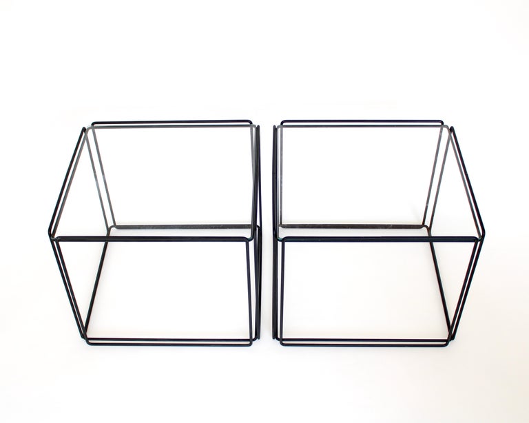 Max Sauze Isoceles Pair of Black Metal and Glass Side or Coffee Tables, France In Good Condition For Sale In Chicago, IL