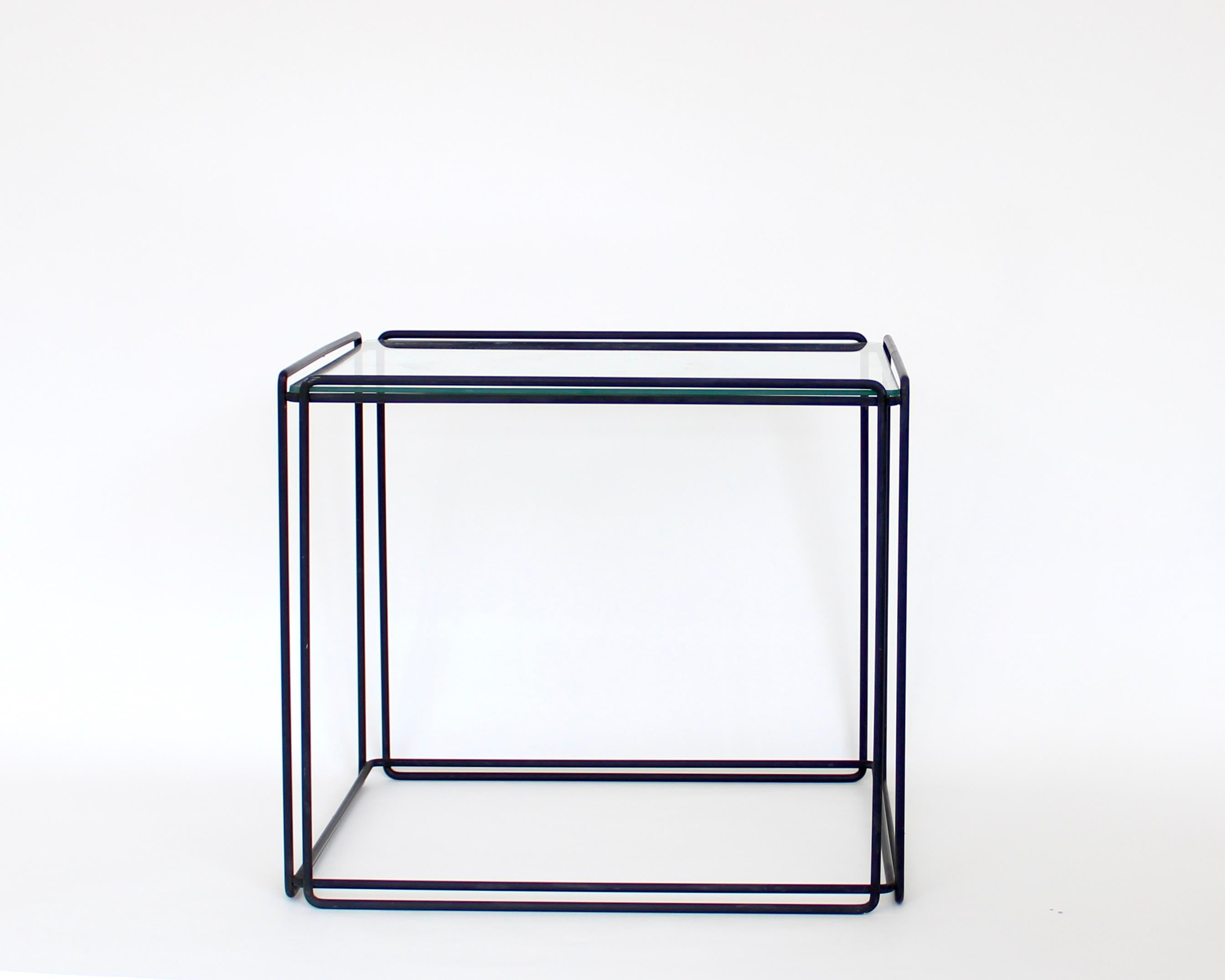 Late 20th Century Max Sauze Isoceles Pair of Black Metal and Glass Side or Coffee Tables, France