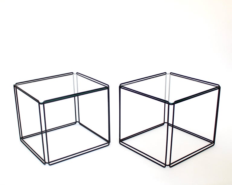 Max Sauze Isoceles Pair of Black Metal and Glass Side or Coffee Tables, France For Sale 1