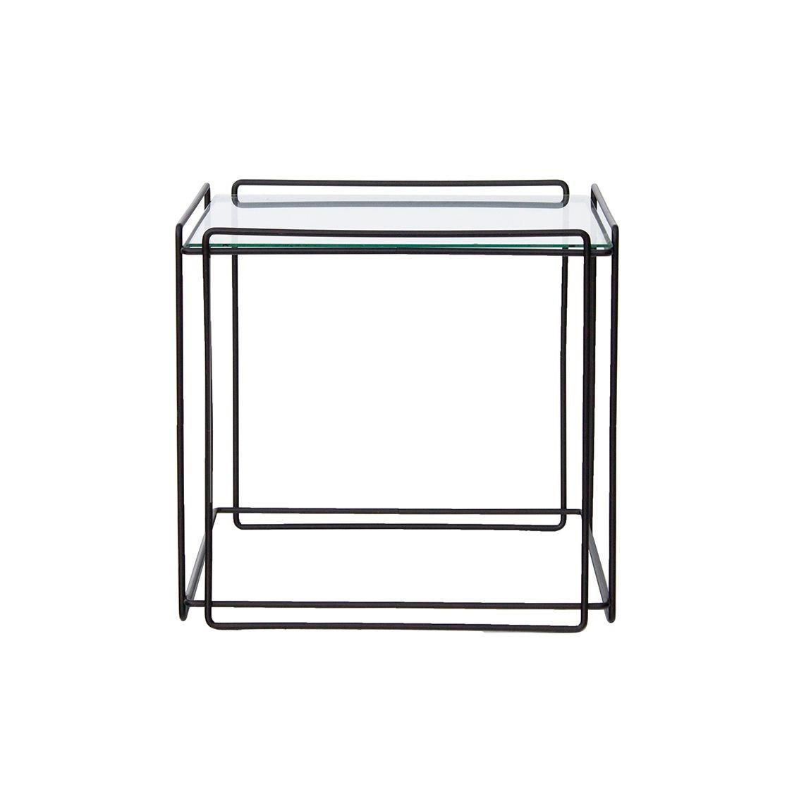 France, 1970s
Max Sauze 'isosceles' end table with glass top. Graphic line art for a space. Made by Atrow. Glass does not appear to be original. 
Condition notes: Overall, frame is in good condition with some light marks; glass tops have some