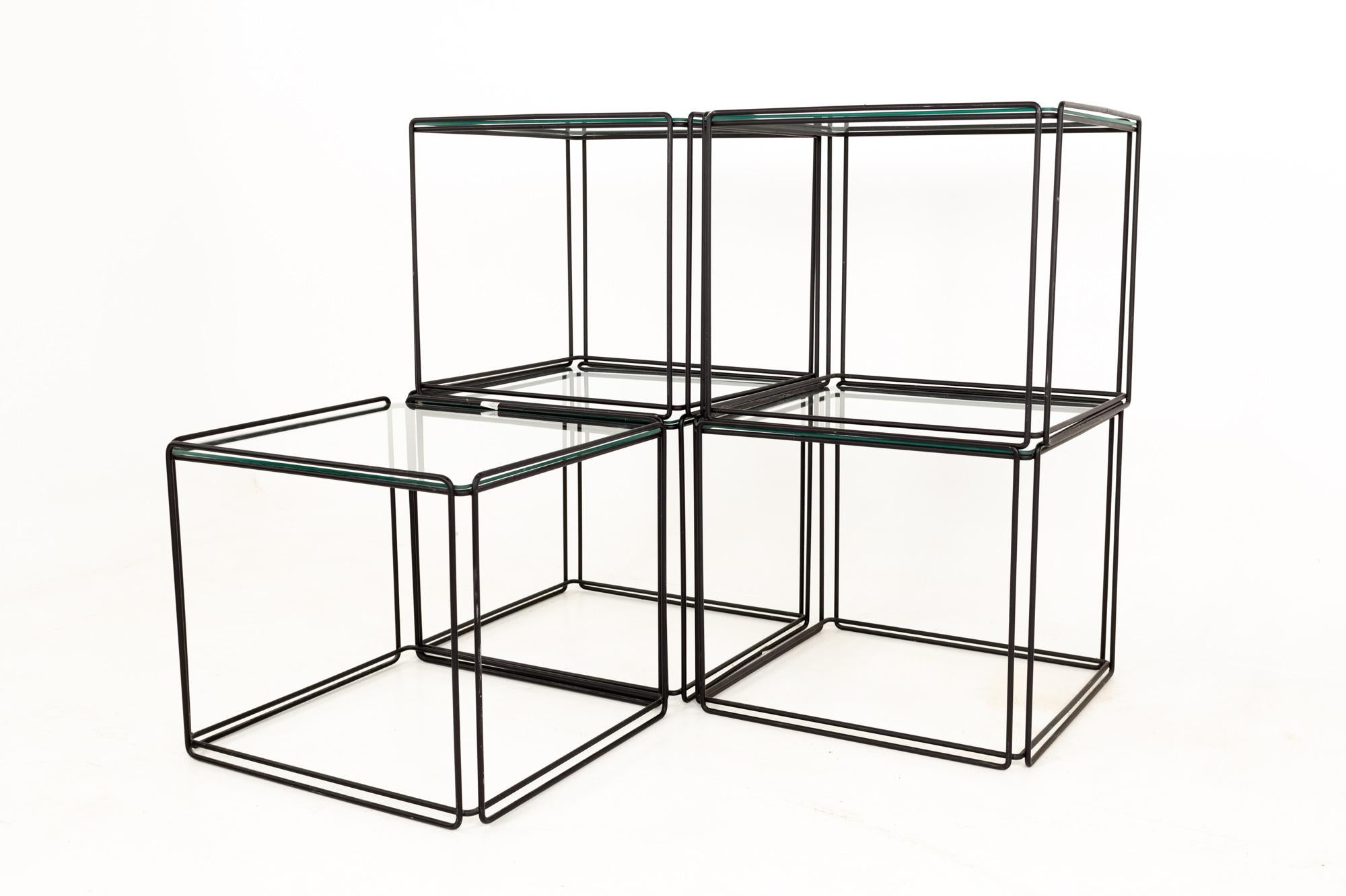 Max Sauze isosceles mid century iron and glass stacking side end tables - set of 5
These tables measure 20.25 wide x 20.25 deep x 17.25 inches high

All pieces of furniture can be had in what we call restored vintage condition. That means the