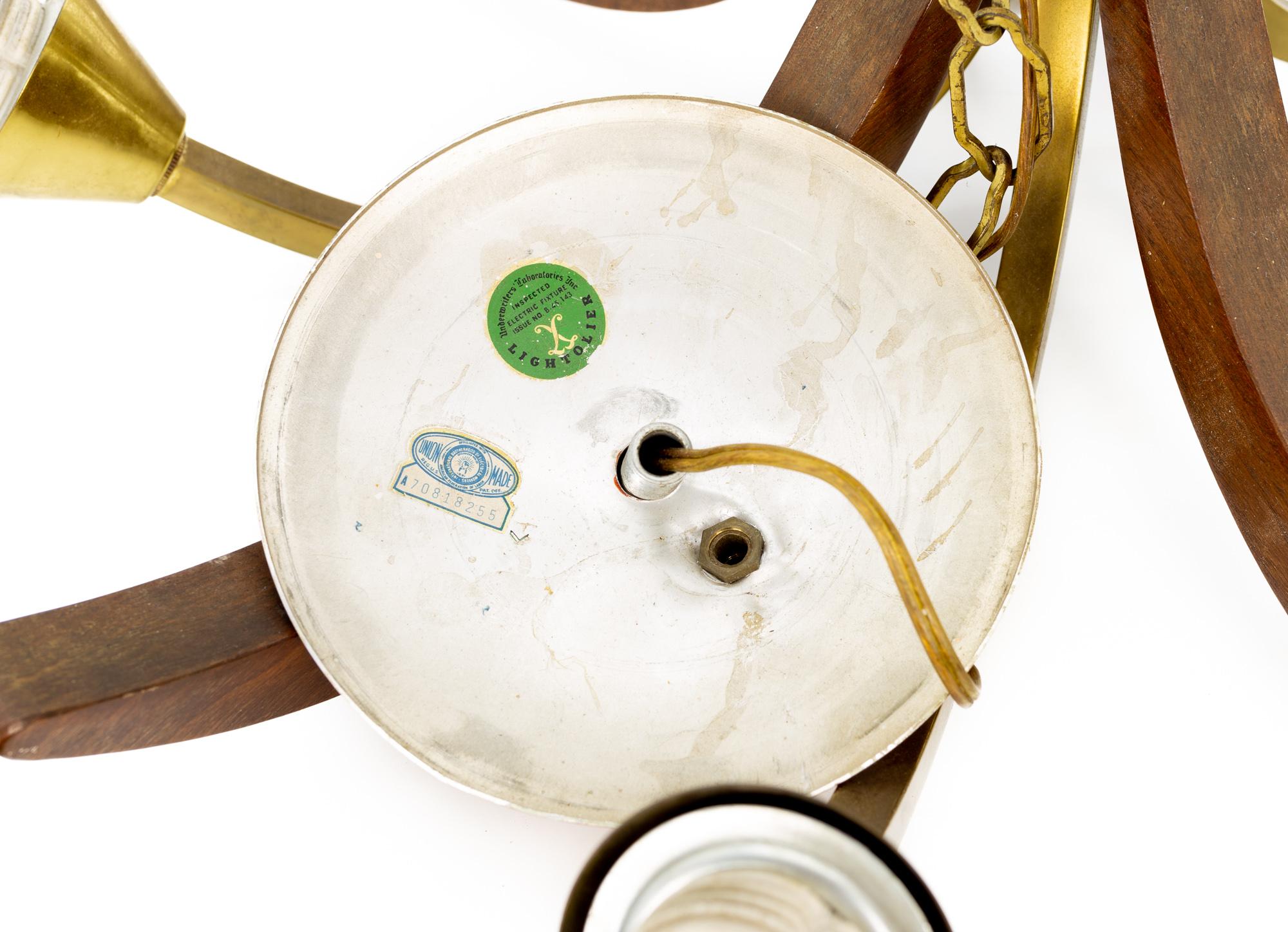 Max Sauze Lightolier Brass & Walnut Mid Century Chandelier For Sale 5