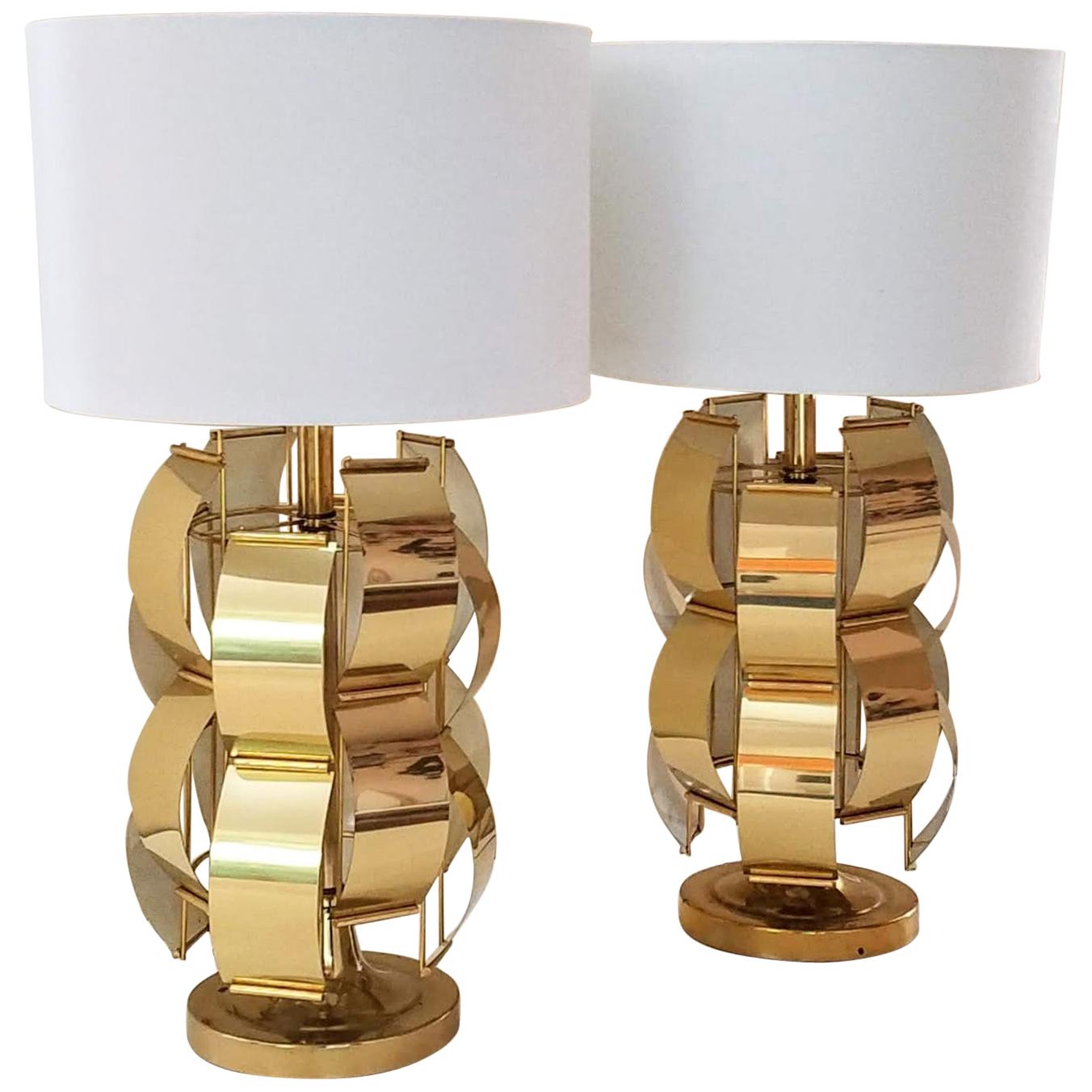 Max Sauze Style Table Lamps Brass Armatures, circa 1965
