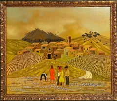 French Folk Art Naive Oil Painting Workers in Vineyard, Les Vignes aux Gitans