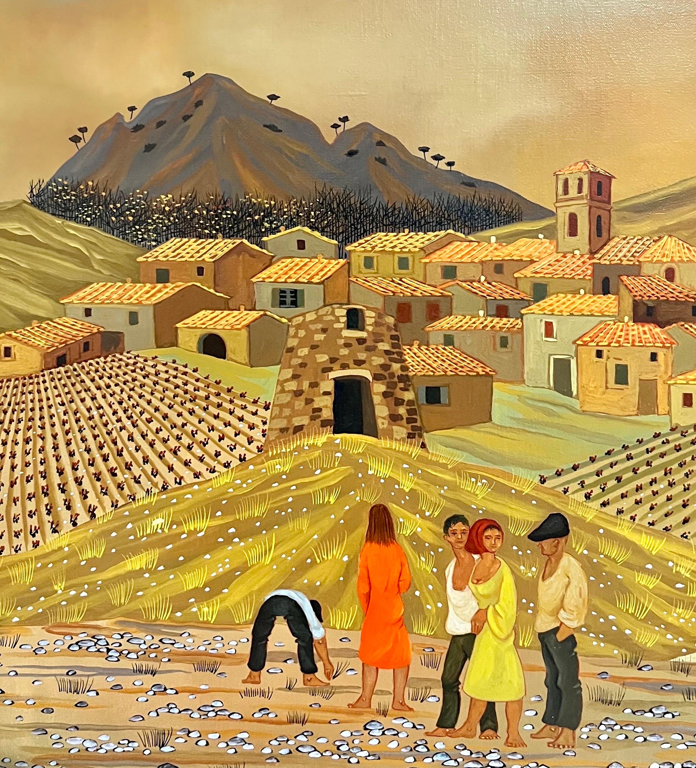 Max Savy Oil on canvas painting depicting a  village scene with winemakers in a vineyard by artist Max Savy (French, b.  1918). Signed in the lower right. Frame measures 24.5 inches x 28 inches.  canvas is 18 X 22 inches.,
Perfect for a wine cellar
