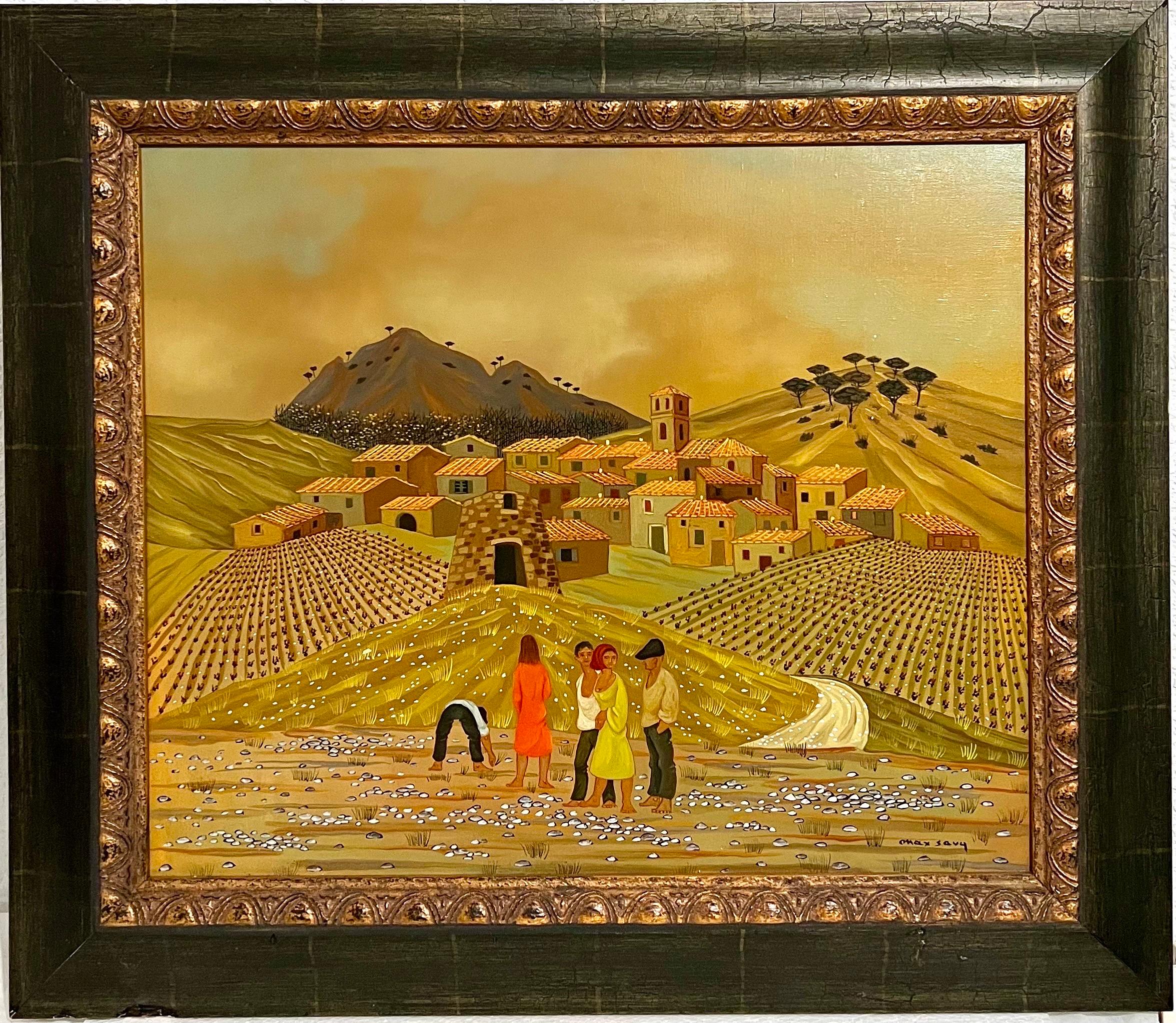 French Folk Art Naive Oil Painting Workers in Vineyard, Les Vignes aux Gitans 