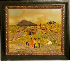 French Folk Art Naive Oil Painting Workers in Vineyard, Les Vignes aux Gitans 