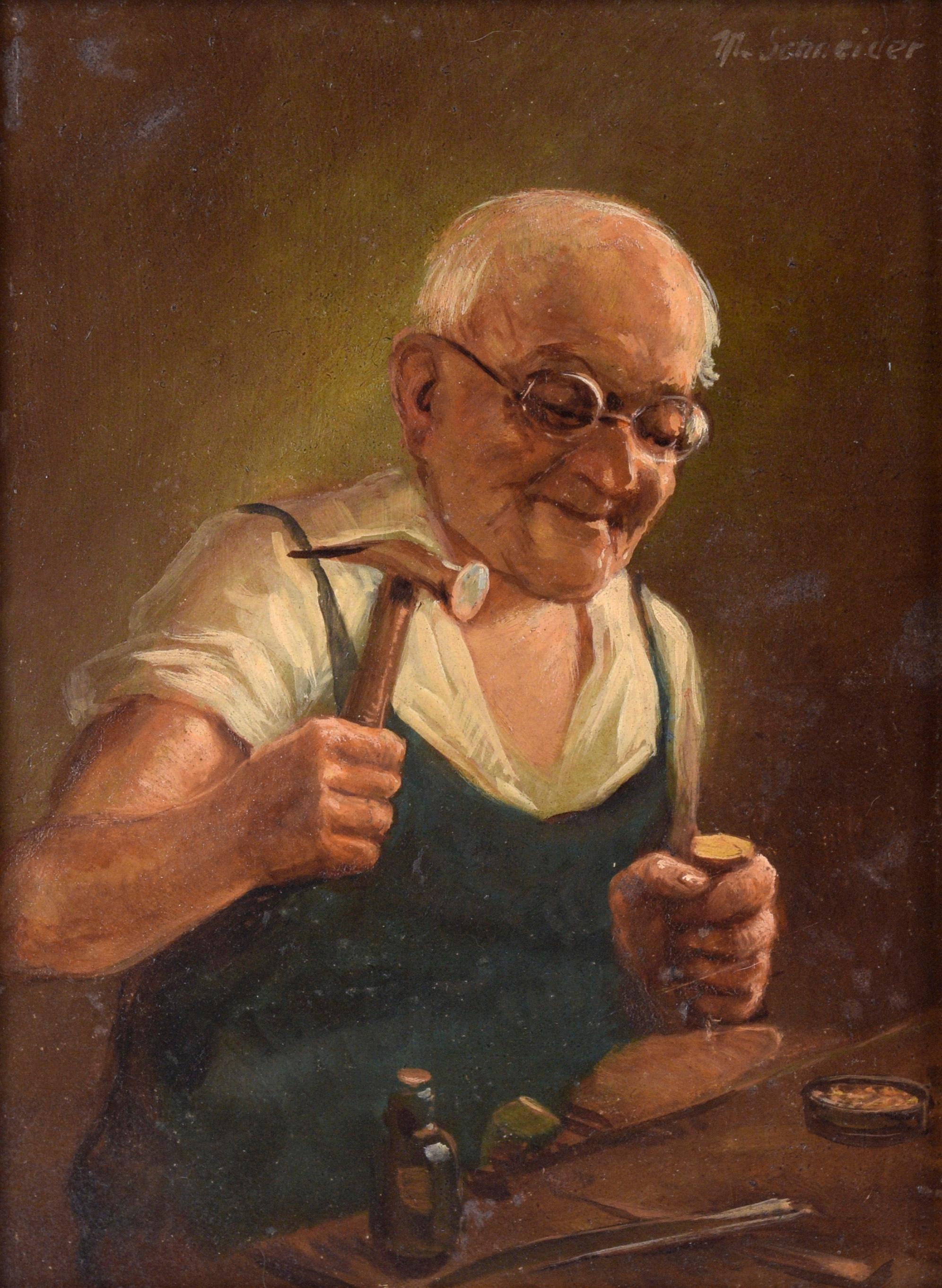 Shoemaker at Work - Portrait in Oil on Masonite - Painting by Max Schneider