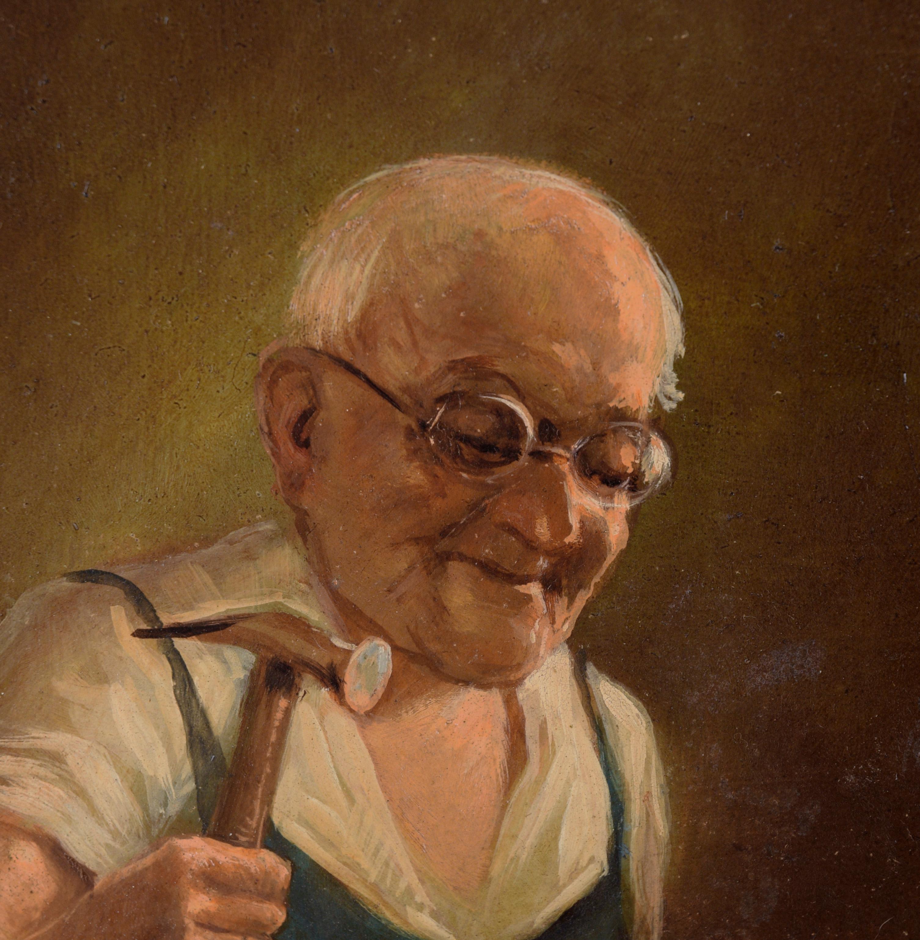 Shoemaker at Work - Portrait in Oil on Masonite

Lovely portrait of a cobbler at work by Max Schneider (German, 1903-1980). The shoemaker is holding a hammer, working on an upturned shoe at his bench. He is wearing a white shirt, green apron, and