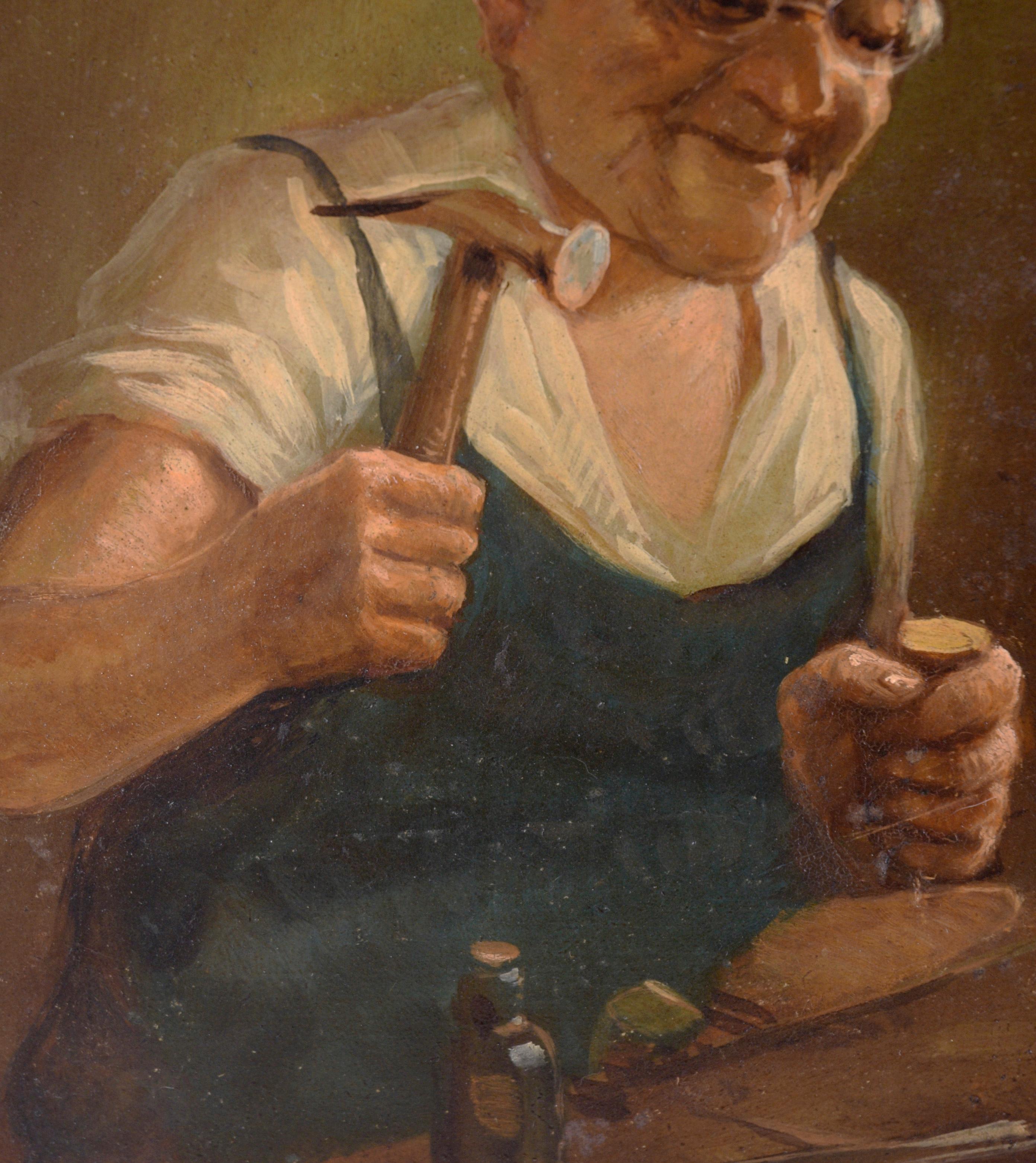 Shoemaker at Work - Porträt in Öl auf Masonit im Angebot 1
