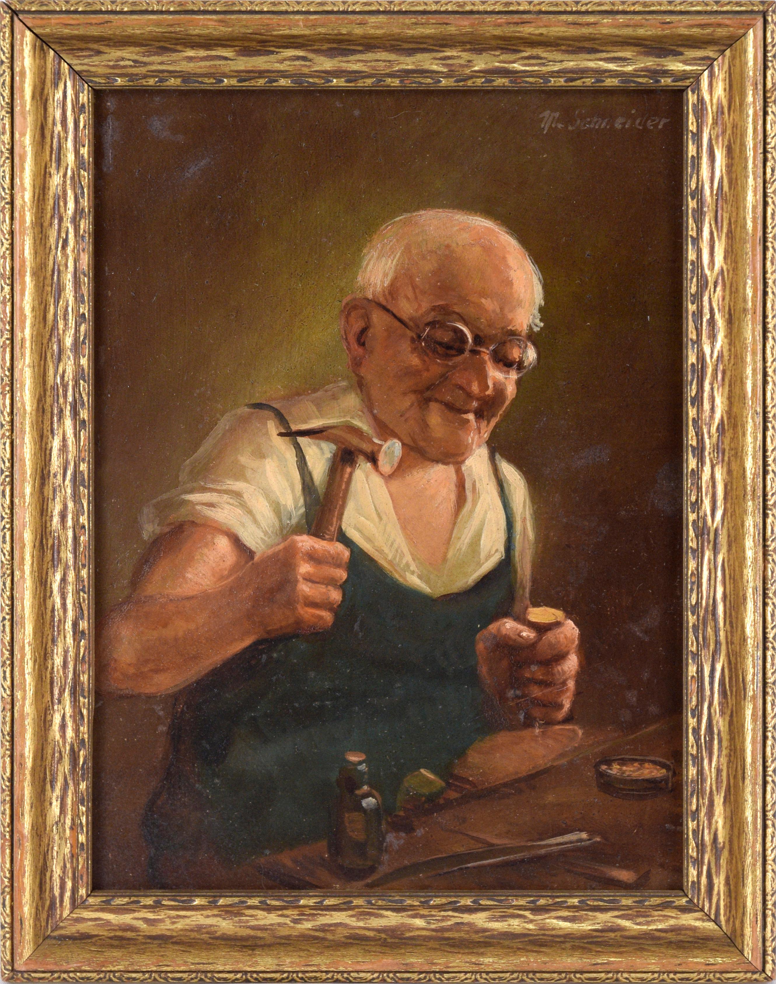 Max Schneider Figurative Painting – Shoemaker at Work - Porträt in Öl auf Masonit