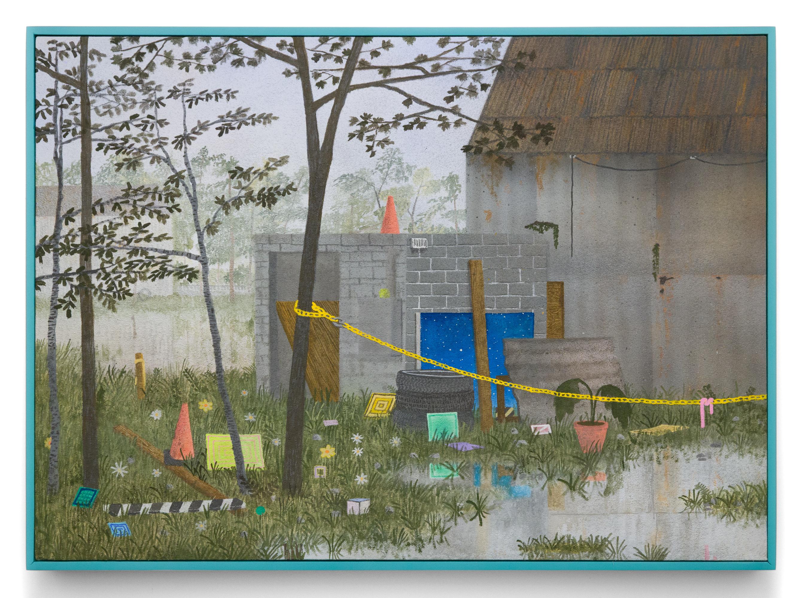 This piece titled "Mist" is an original artwork by Max Seckel is made of flashe, acrylic, and spray paint on canvas. This piece measures 23”h x 31”w x 1.75”d framed, is signed by the artist and ships in the featured artist-made frame. 

Its debut