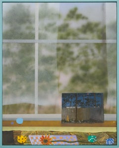 "La ventana indiscreta" Pintura contemporánea de bodegón de interior en marco hecho por un artista