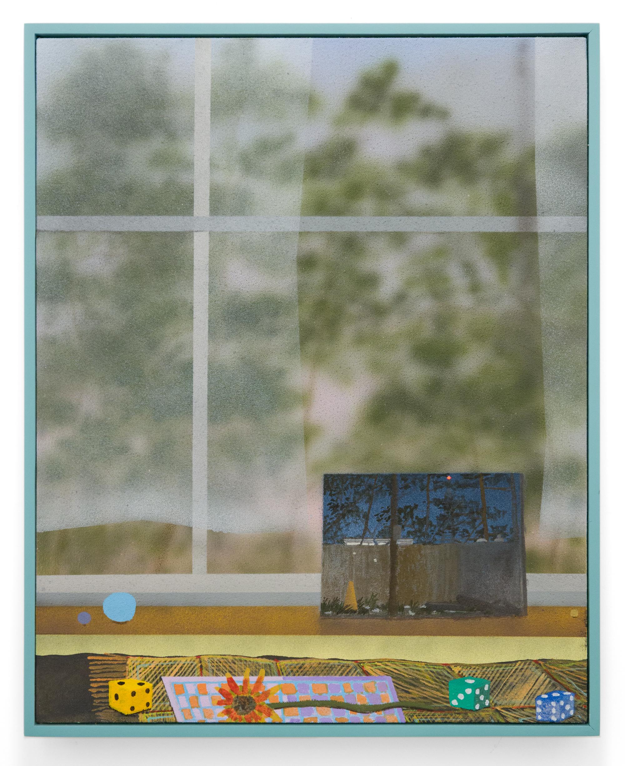 "Rear Window" Contemporary Interior Still Life Painting in Artist-Made Frame