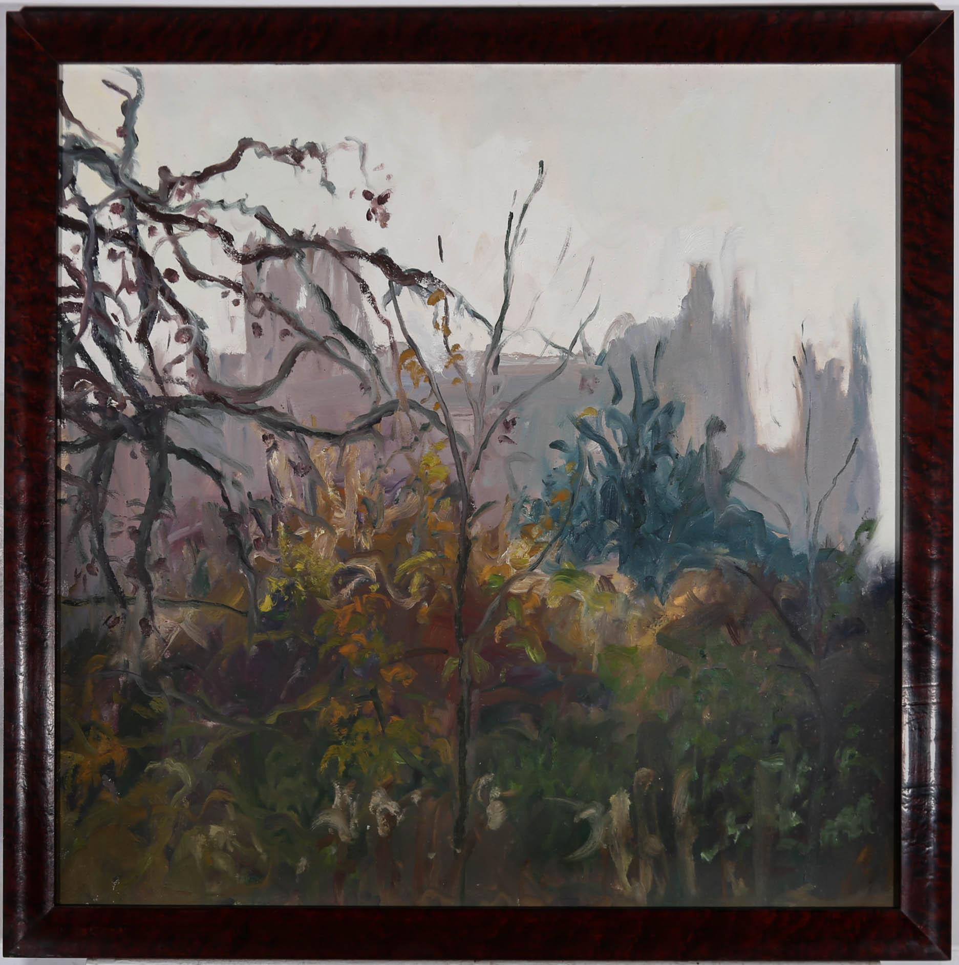 A wonderful impressionistic scene by Belgium artist Max Servais (1904-1990), depicting an obscured cathedral through wiry undergrowth and winter trees. Elegantly presented in a highly polished, veneer frame. Signed with initials verso. On board. 
