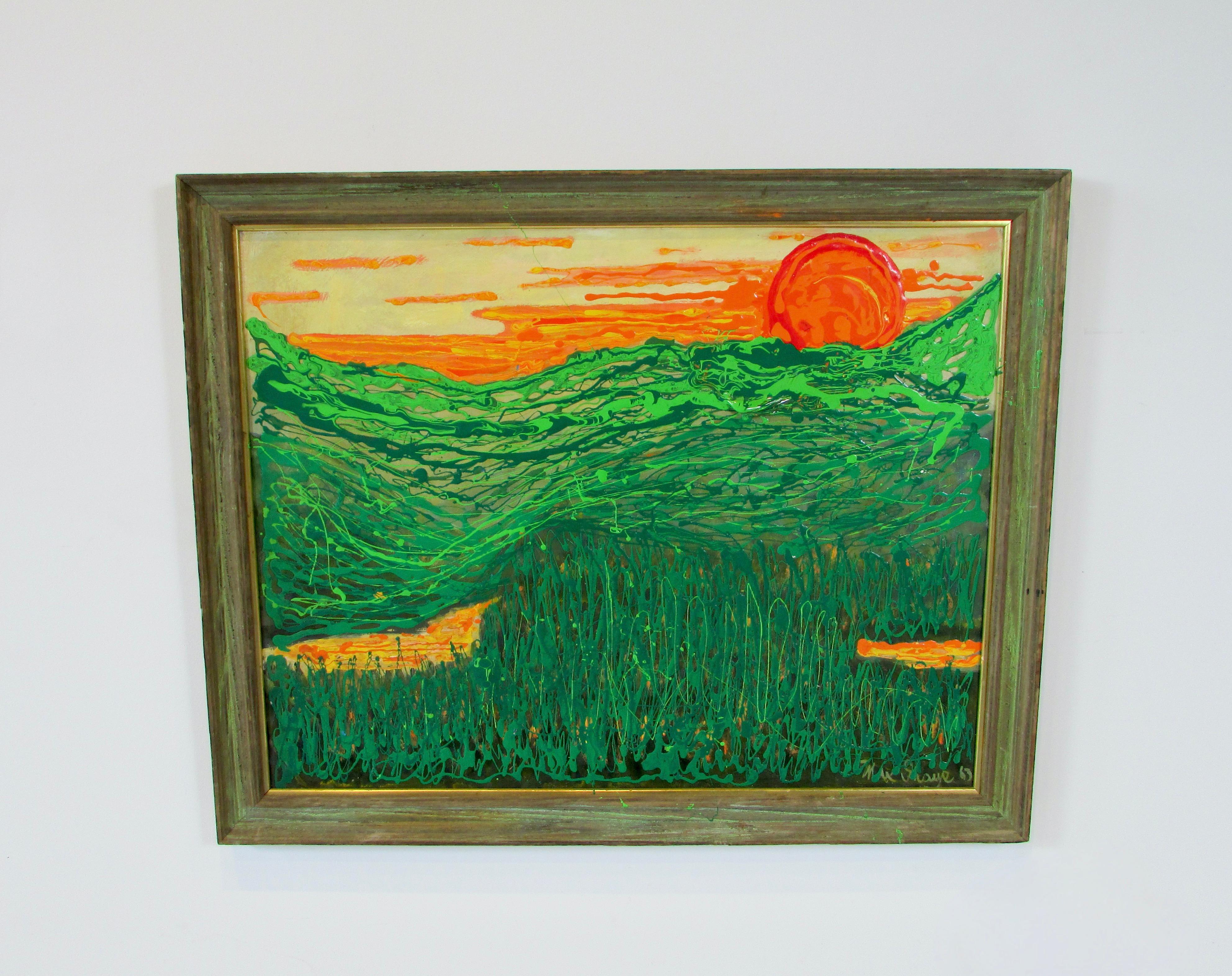Interesting composition of dripped or splattered acrylic mixture over brushed finish board . Painter Max Share depicts bright orange sun over varied green valley . Appears to be in artists original frame .