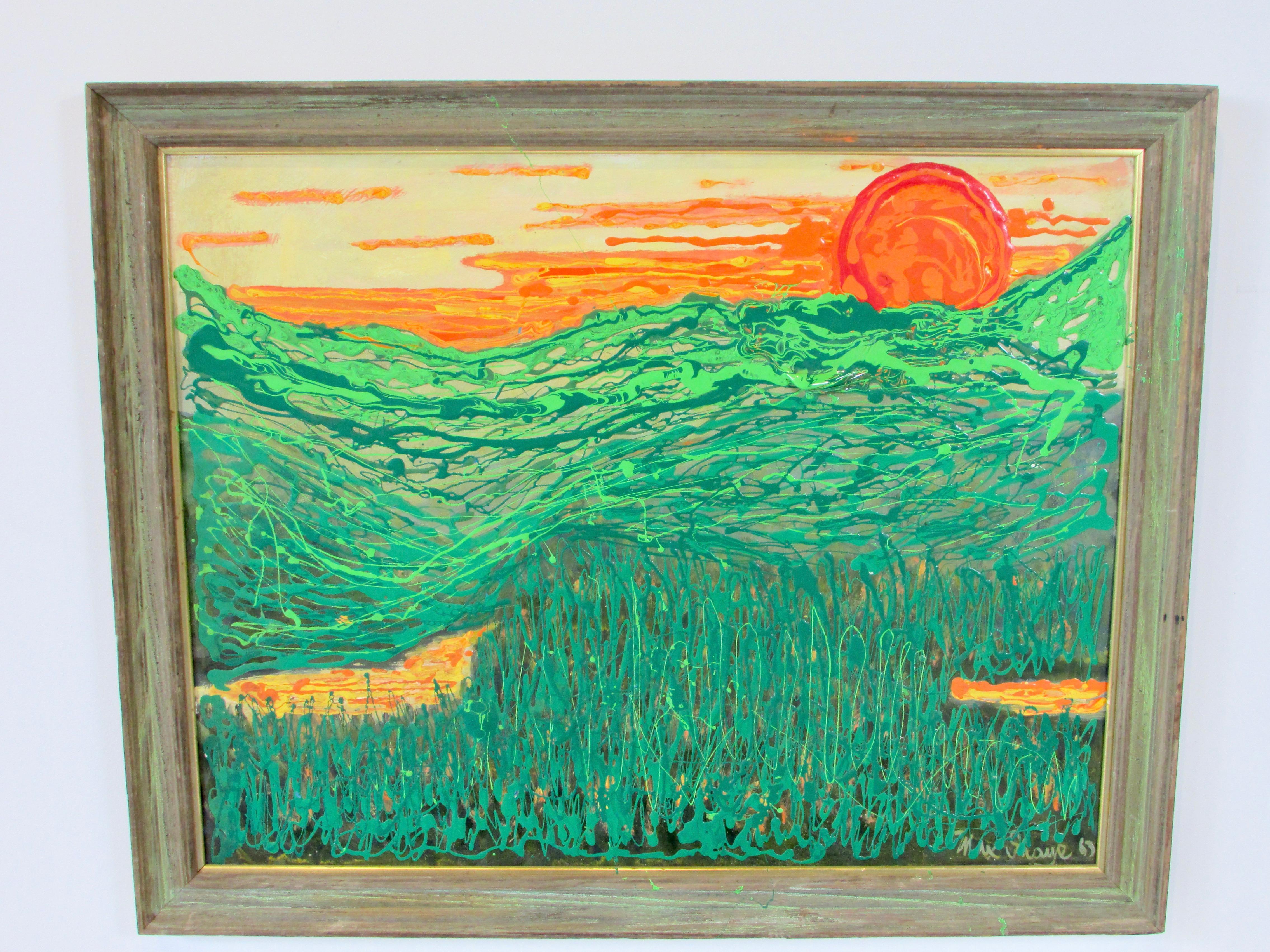 Post-Modern Max Shaye Textured Acrylic on board painting Orange Sun Over Green Valley For Sale