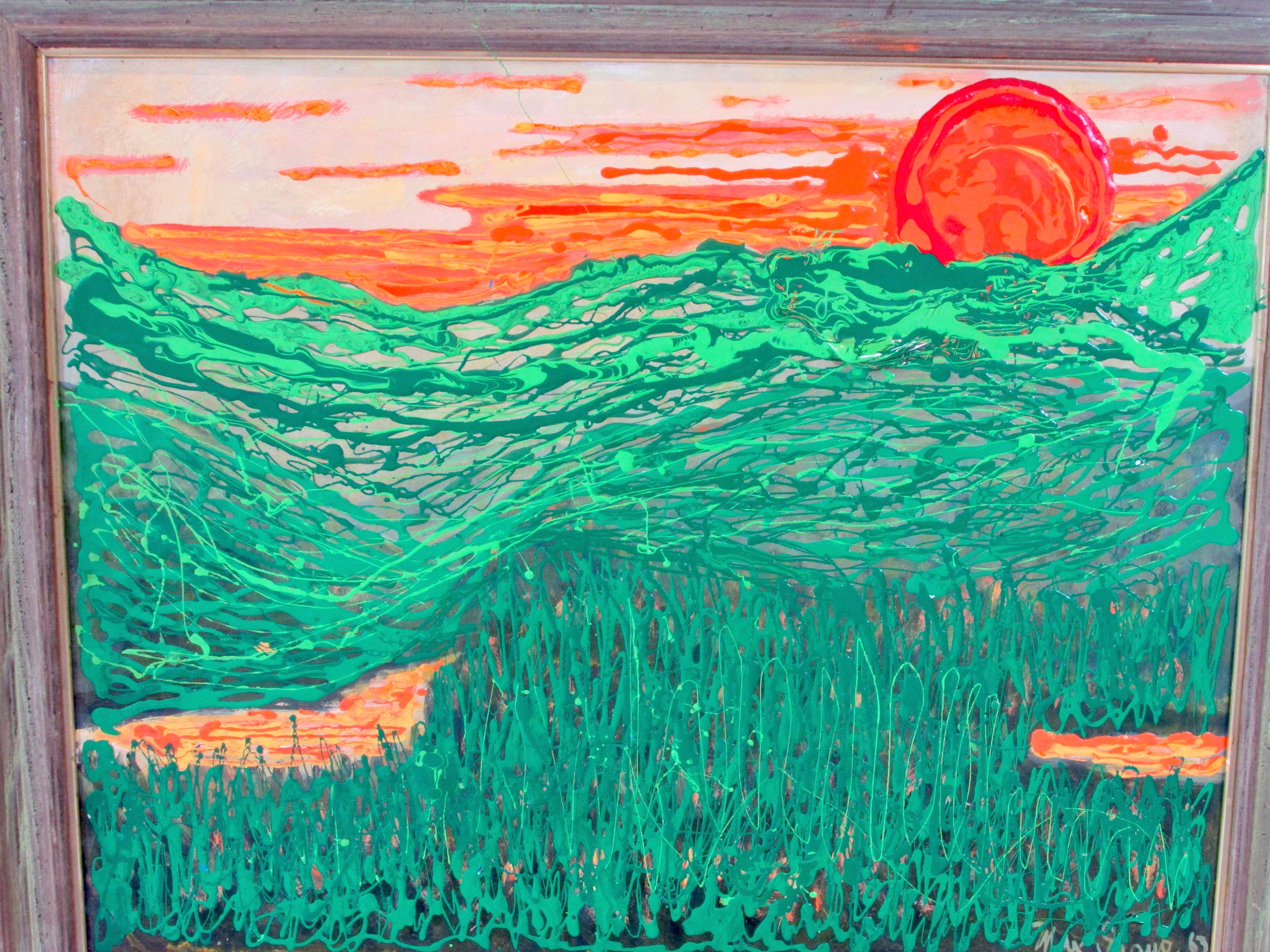 American Max Shaye Textured Acrylic on board painting Orange Sun Over Green Valley For Sale