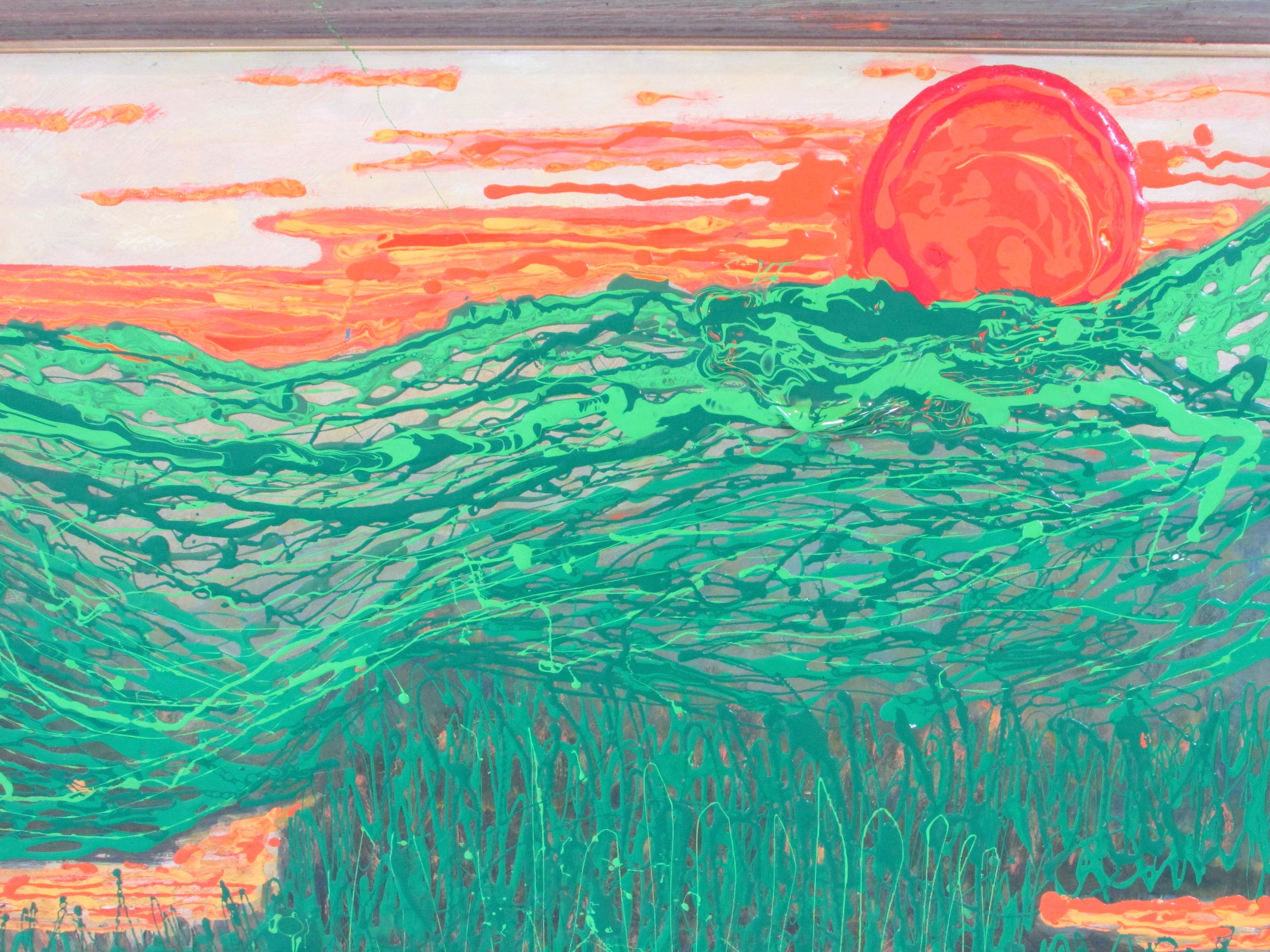 Hand-Painted Max Shaye Textured Acrylic on board painting Orange Sun Over Green Valley For Sale