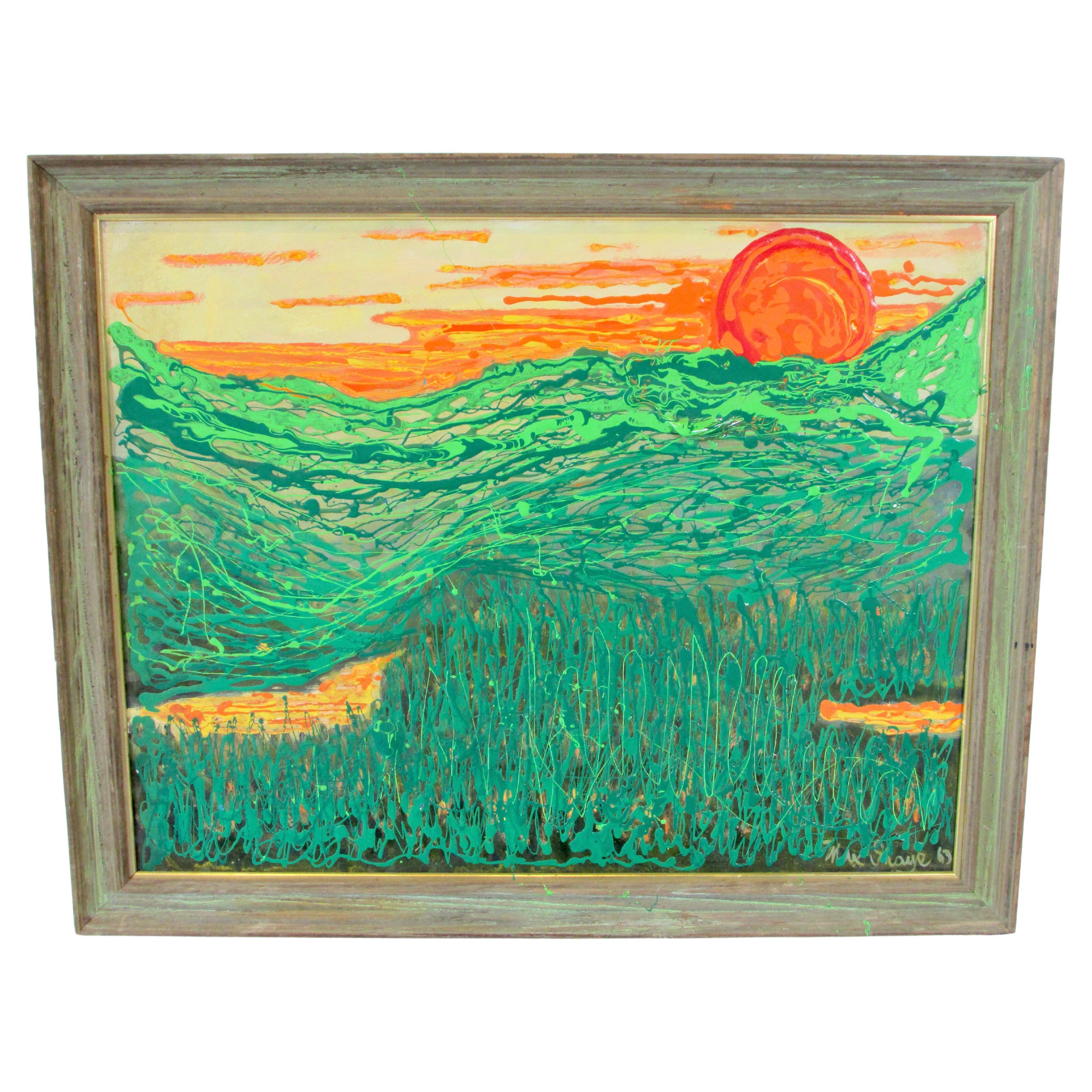 Max Shaye Texturiertes Acryl auf Karton Gemälde Orange Sonne über Green Valley