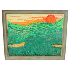 Max Shaye, peinture à l'acrylique texturée sur carton Orange Sun Over Green Valley