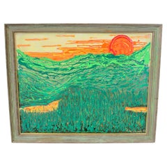 Max Shaye Texturiertes Acryl auf Karton Gemälde Orange Sonne über Green Valley