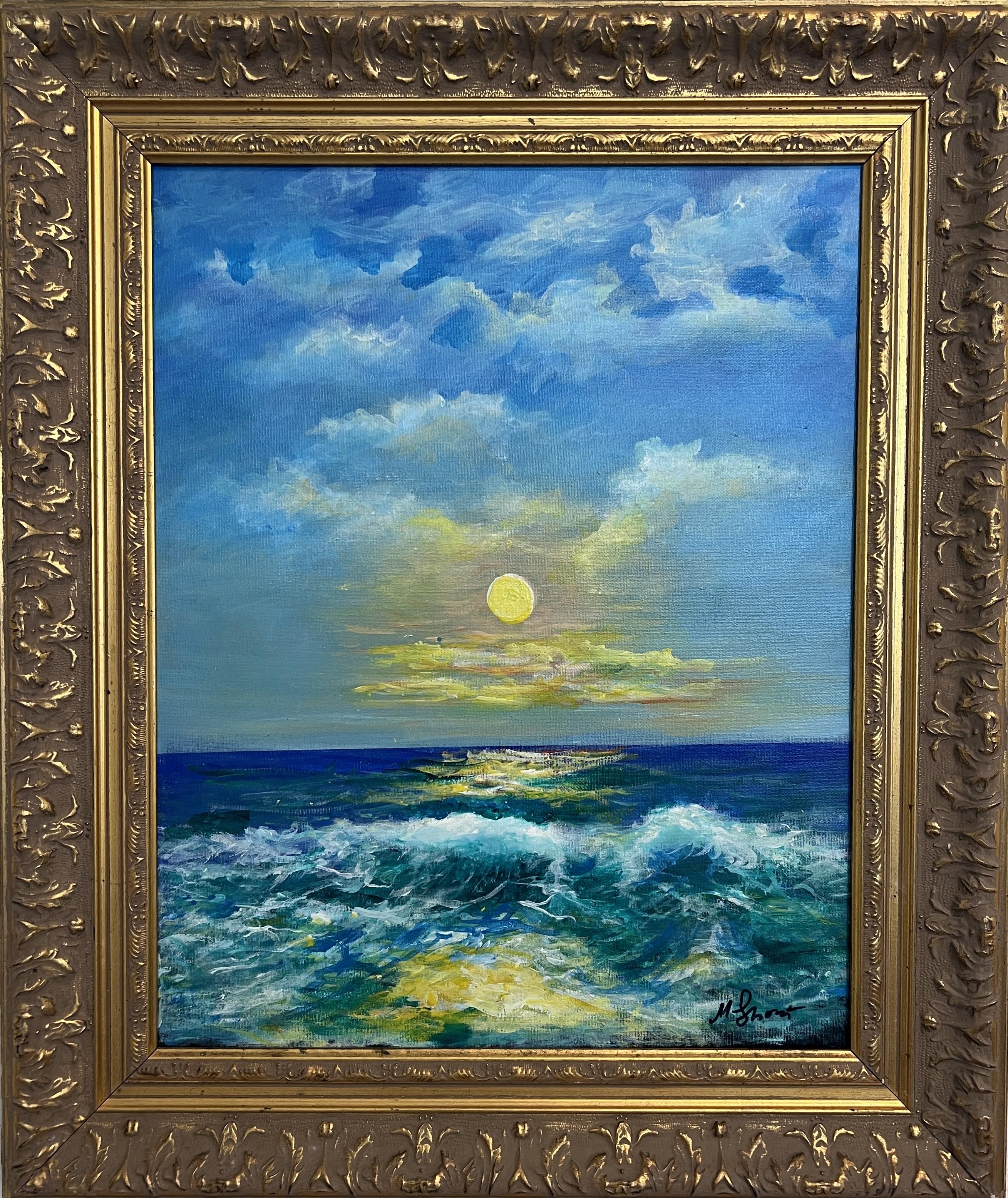This luminous original seascape oil painting is the work of American artist Max Shekhter (b. 1938), whose expressive style beautifully captures the vibrant energy and color of the ocean under an expansive sky.

The composition features a glowing