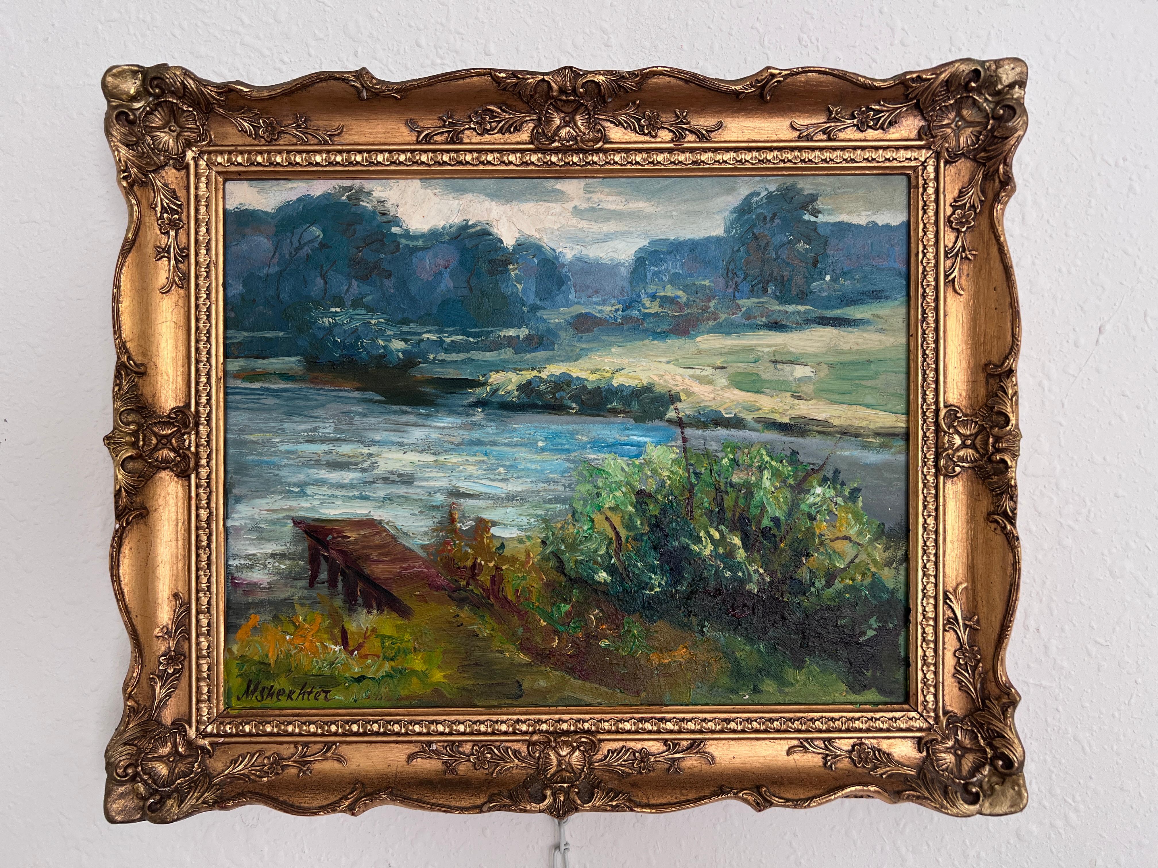 Vintage Landscape Oil Painting ��– Landscape by Max Shekhter (b. 1938), Gold Frame For Sale 1