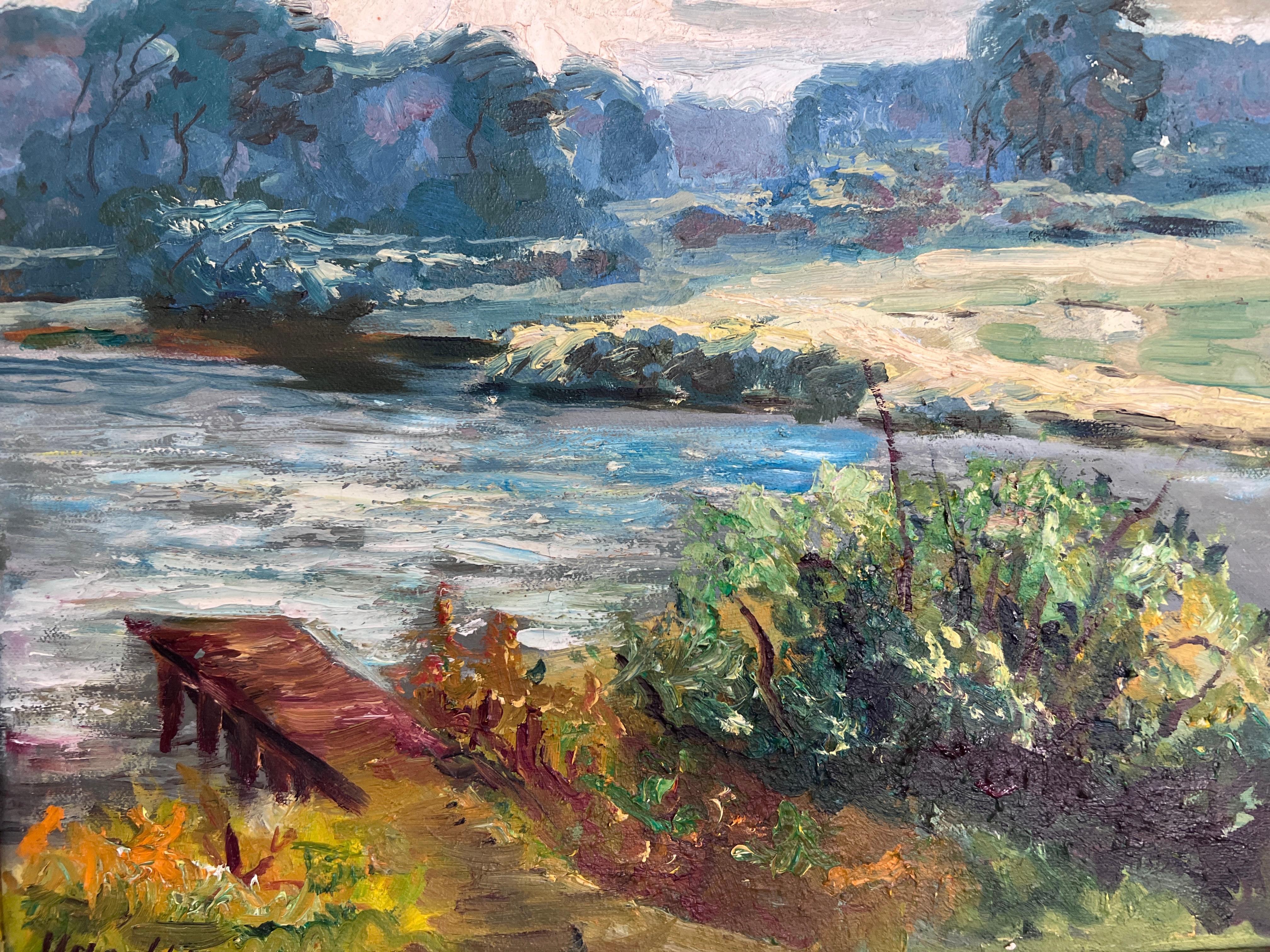 Vintage Landscape Oil Painting – Landscape by Max Shekhter (b. 1938), Gold Frame For Sale 2