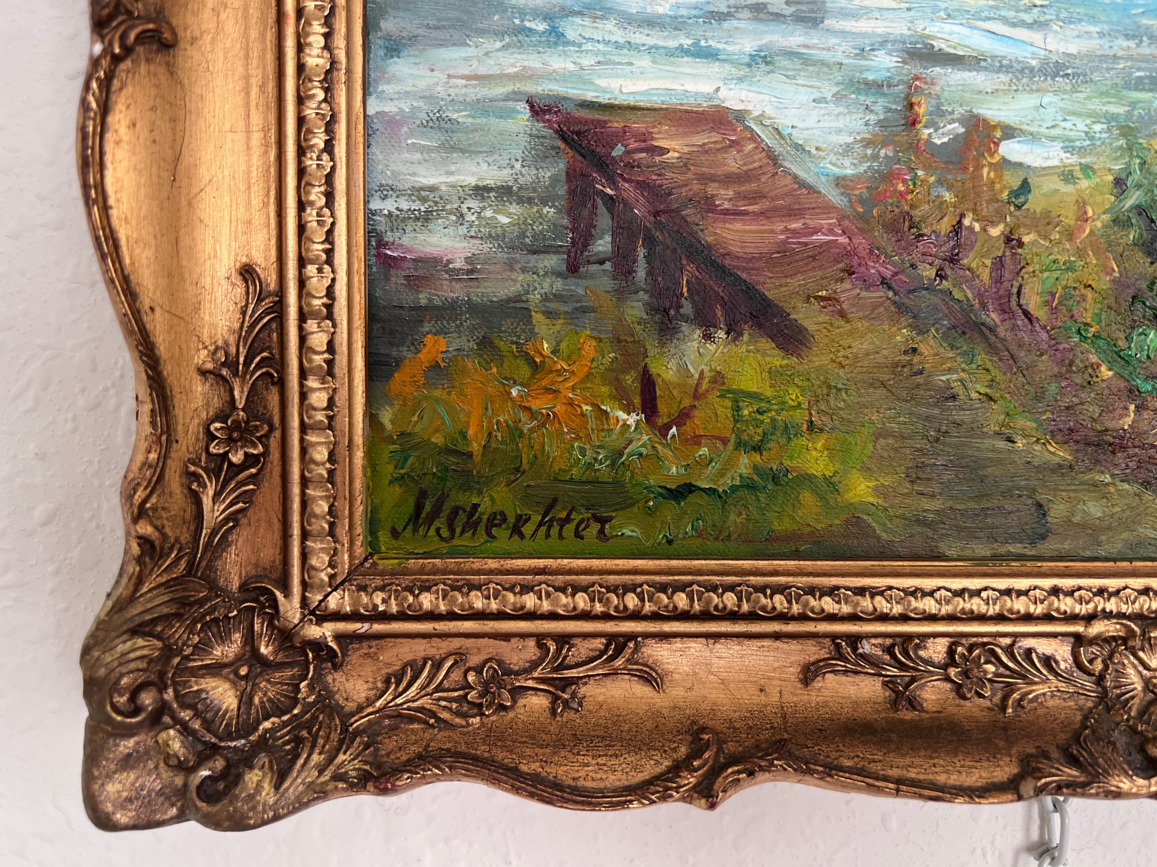 Vintage Landscape Oil Painting – Landscape by Max Shekhter (b. 1938), Gold Frame For Sale 3