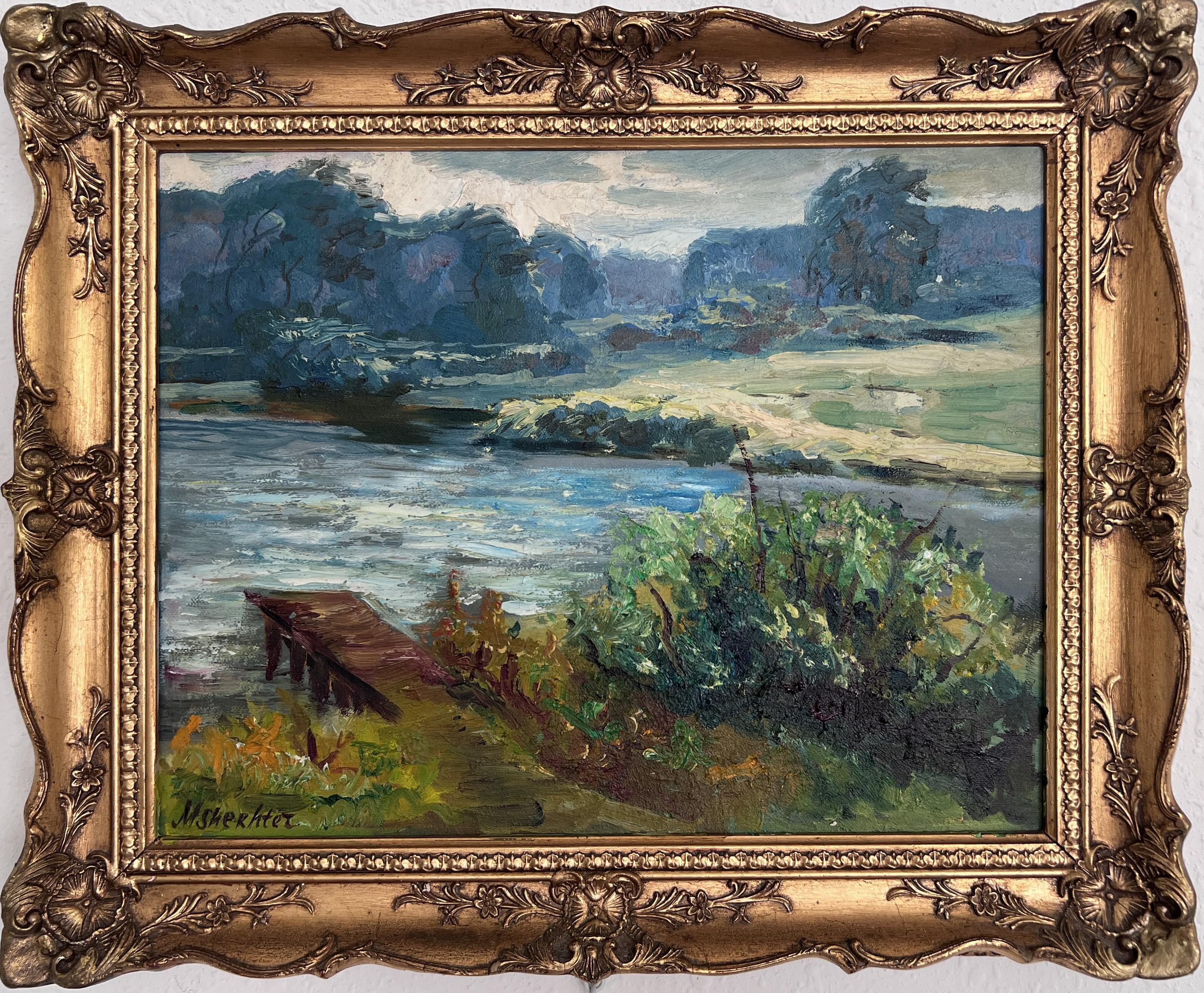 This charming original oil on canvas by American artist Max Shekhter (b. 1938) beautifully captures a tranquil riverside landscape. Rendered with thick impasto brushwork, the composition features a small wooden dock, flowing water, and richly