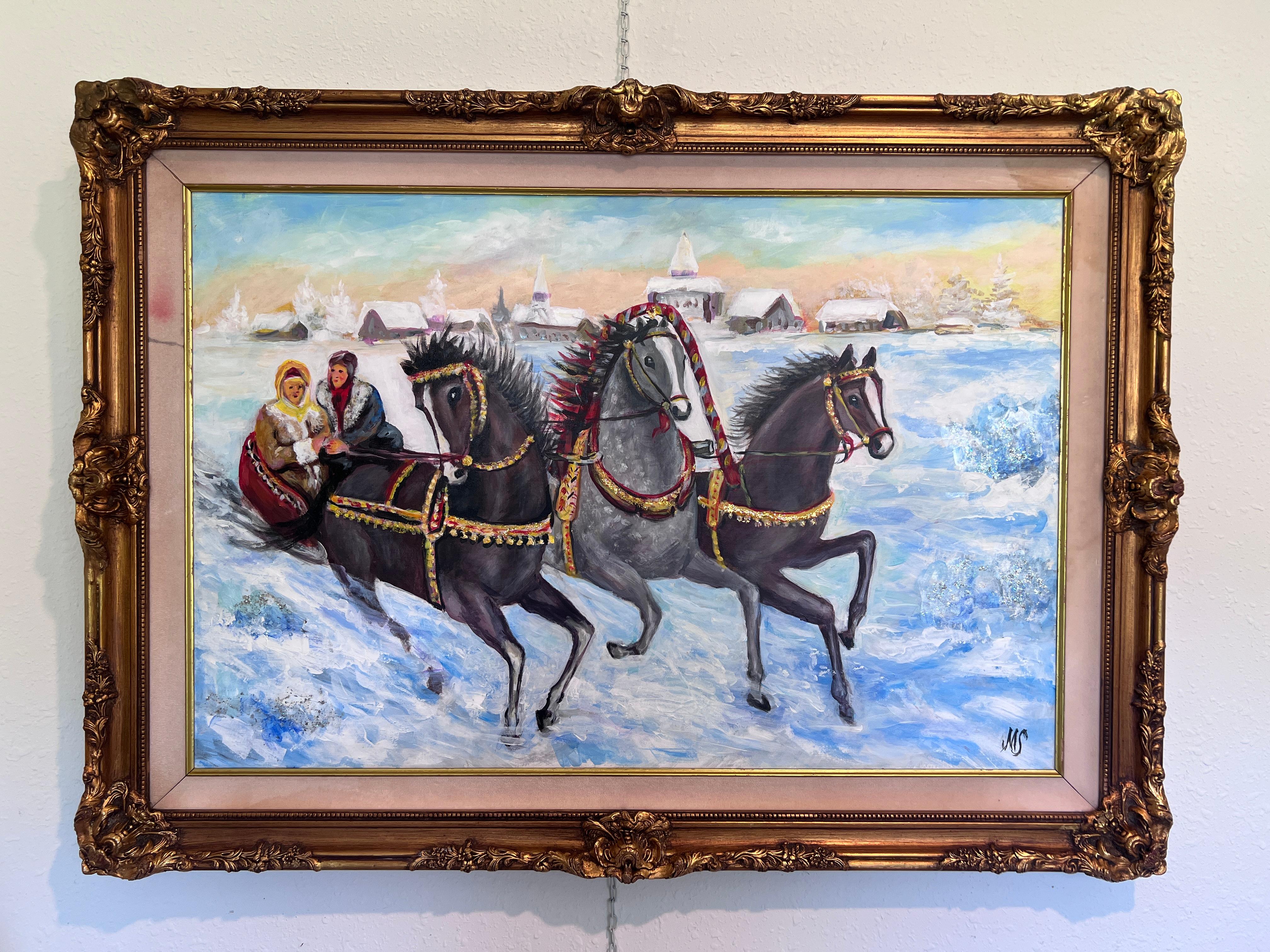 Winter Troika Ride – Original Oil Painting by Max Shekhter (b. 1938) Gold Frame For Sale 1