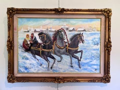 Winter Troika Ride – Original Oil Painting by Max Shekhter (b. 1938) Gold Frame