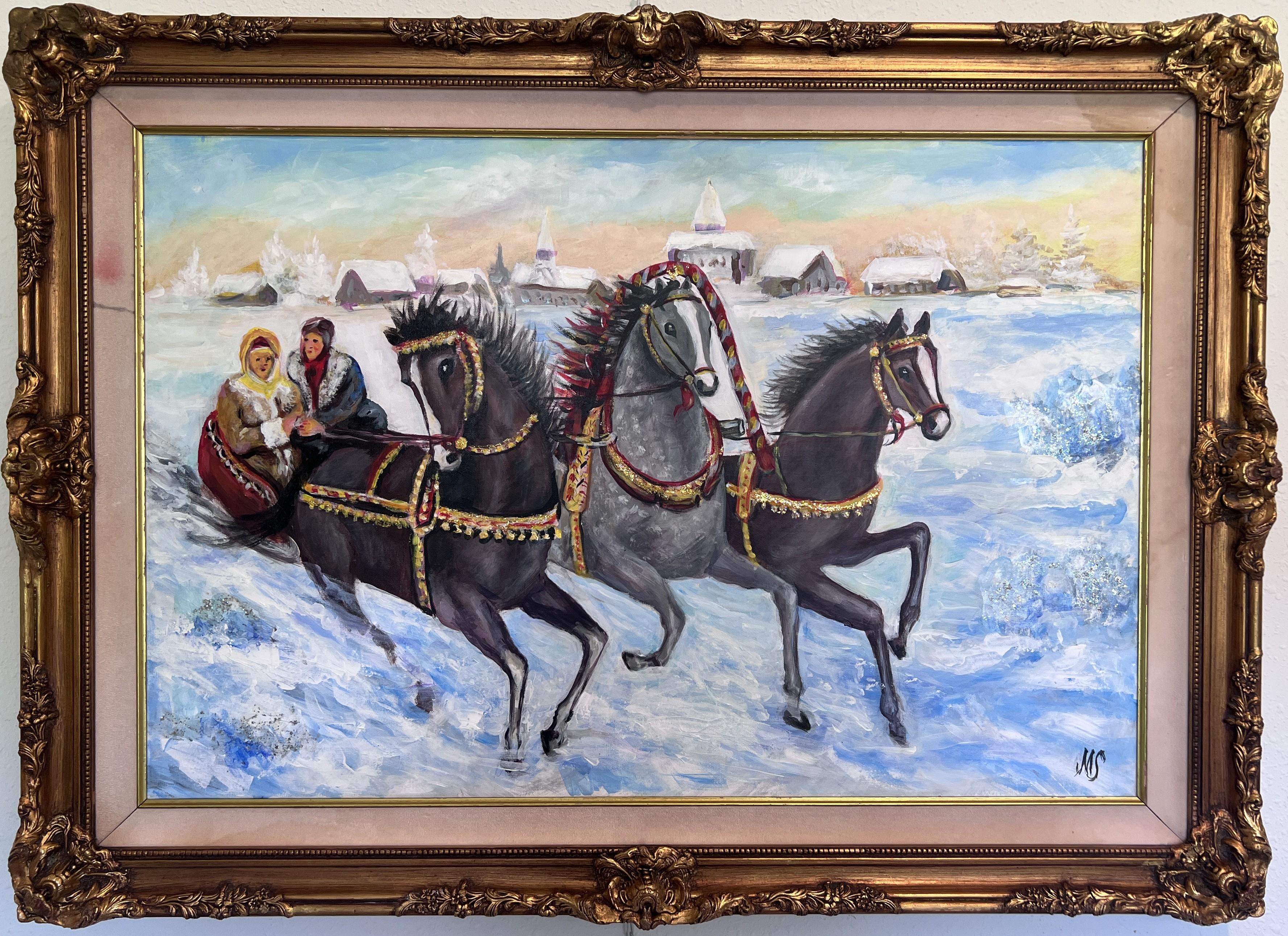 This vibrant winter oil painting by American artist Max Shekhter (b. 1938) captures a classic Russian scene of a troika — a traditional three-horse sleigh — dashing through the snow-covered countryside.
Rendered with lively brushwork and colorful