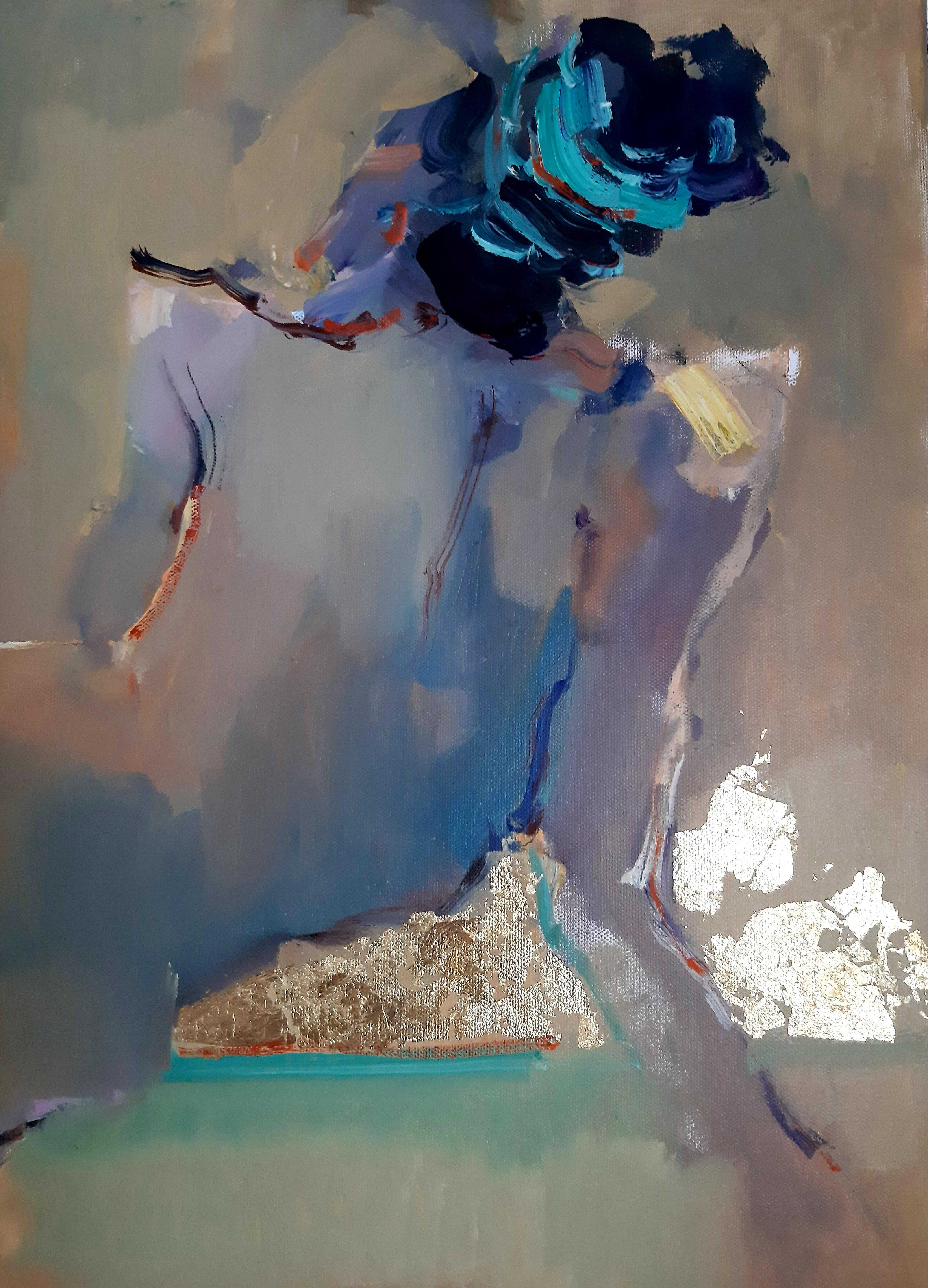 Abstraktes Frauenporträt in Öl in Gold, figuratives Gemälde, Akt, Druck auf Leinwand  (Abstrakter Impressionismus), Print, von Max Skoblinsky 