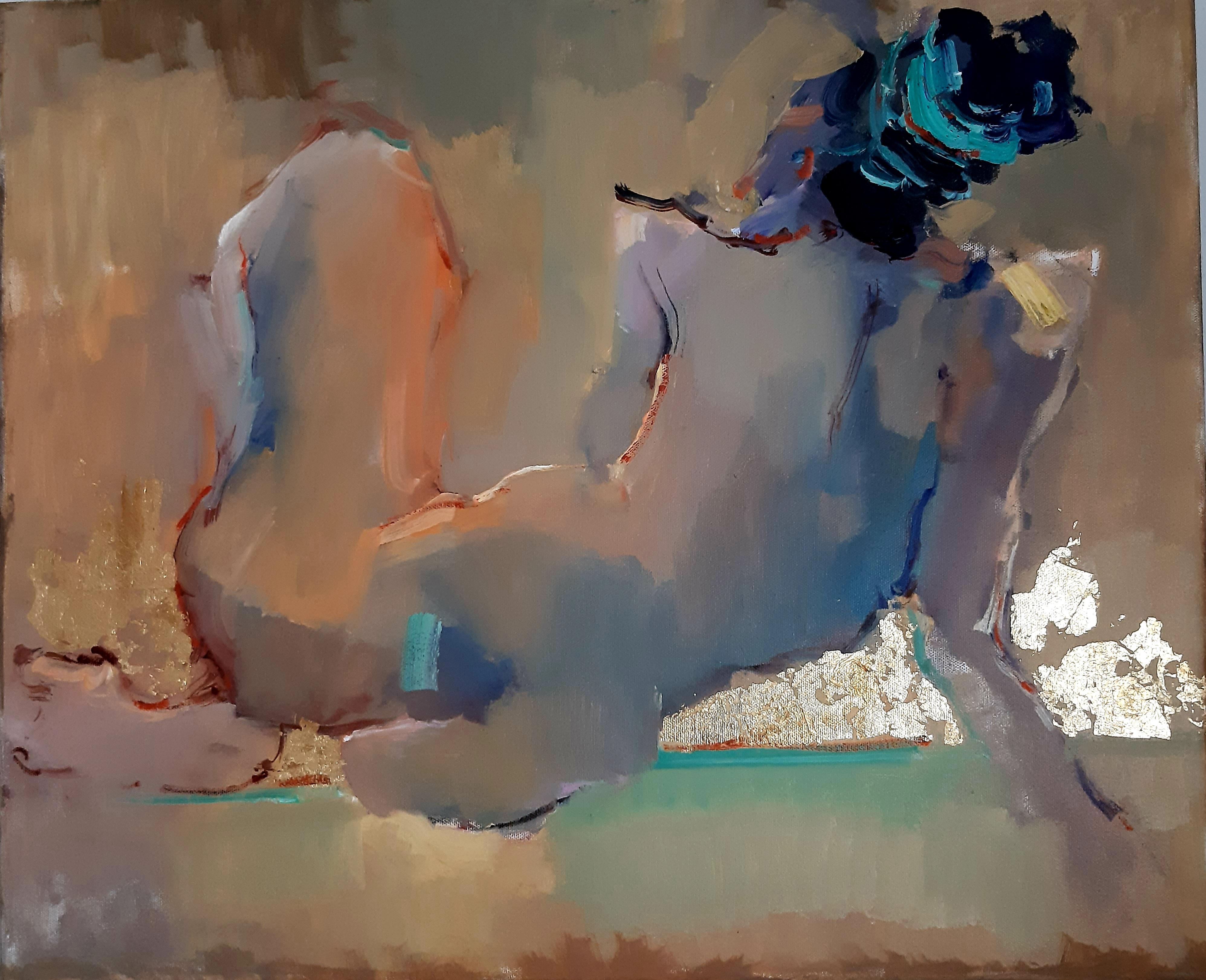 Max Skoblinsky  Nude Print – Abstraktes Frauenporträt in Öl in Gold, figuratives Gemälde, Akt, Druck auf Leinwand 