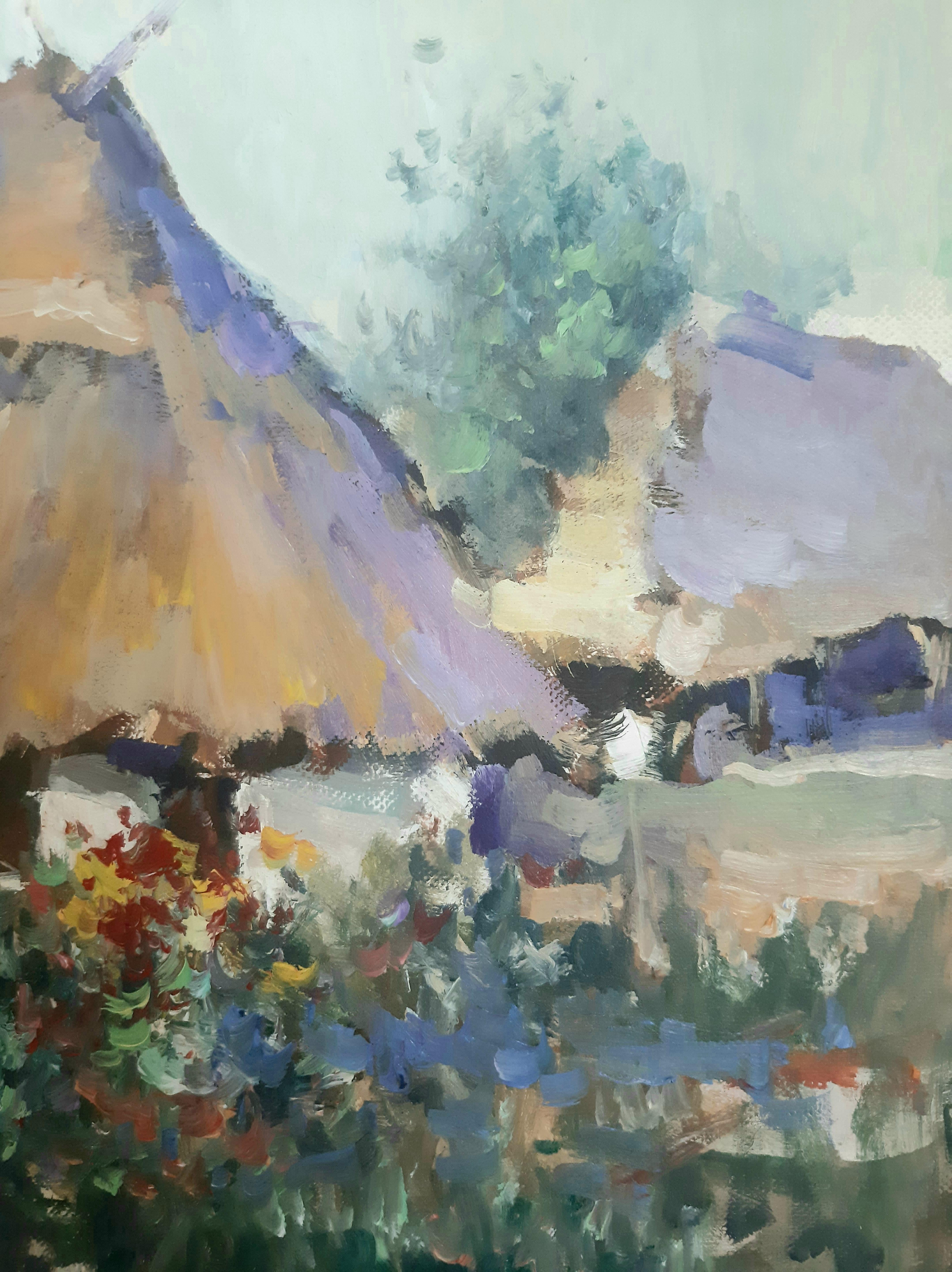 
       Cette peinture à l'huile dévoile une belle image d'une maison de campagne, comme tirée d'un conte de fées. Son toit de chaume et ses fenêtres, entourés des arômes d'un jardin en fleurs, créent un sentiment de confort et de chaleur. Avec ce