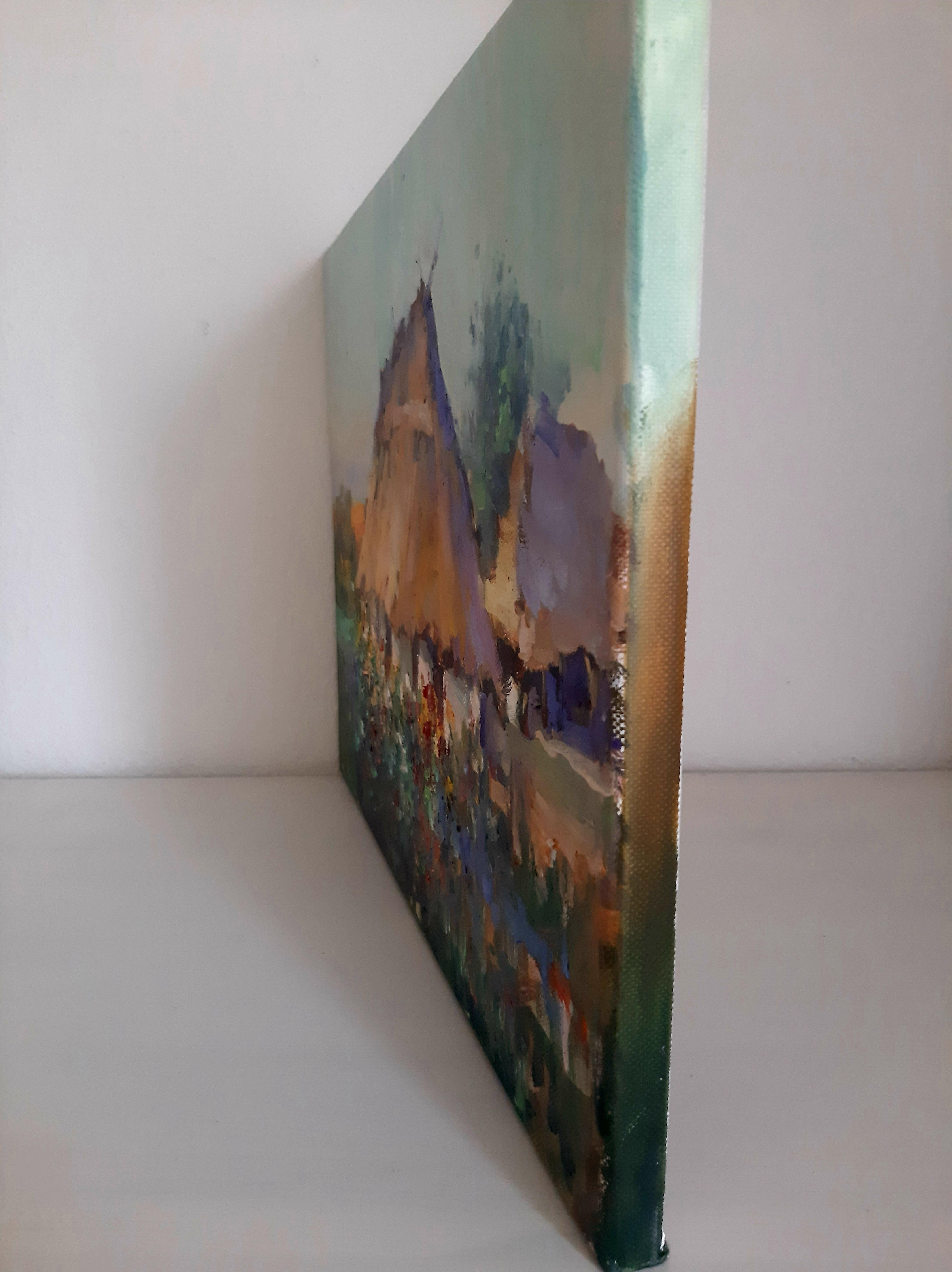 This oil painting unveils a beautiful image of a country house as if taken from a fairy tale. Its thatched roof and windows, surrounded by the aromas of a blooming garden, create a sense of comfort and warmth. With this painting, we embark on an