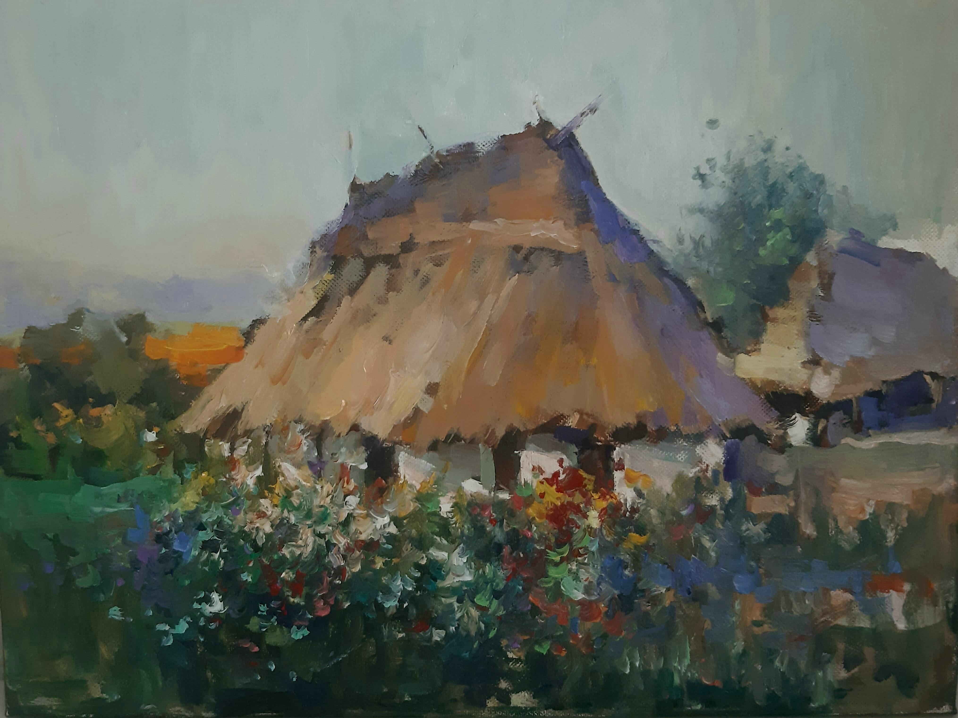 Cozy Village Idyll: World of Tranquility and Harmony. Landscape Oil Painting For Sale 3
