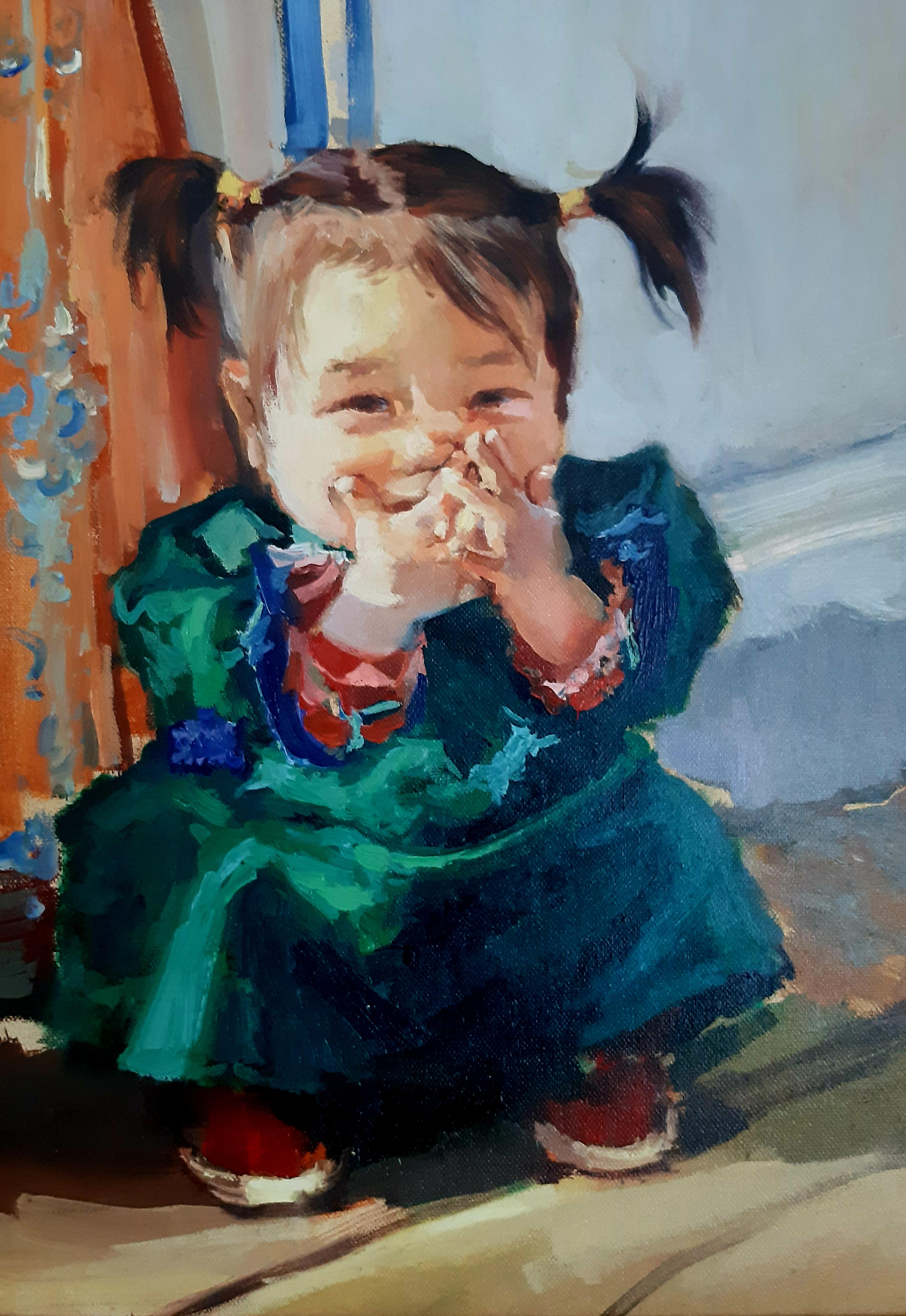 „Emotions of Crossed Fingers“  Porträt eines asiatischen Mädchens, Ölgemälde auf Leinwand im Angebot 5